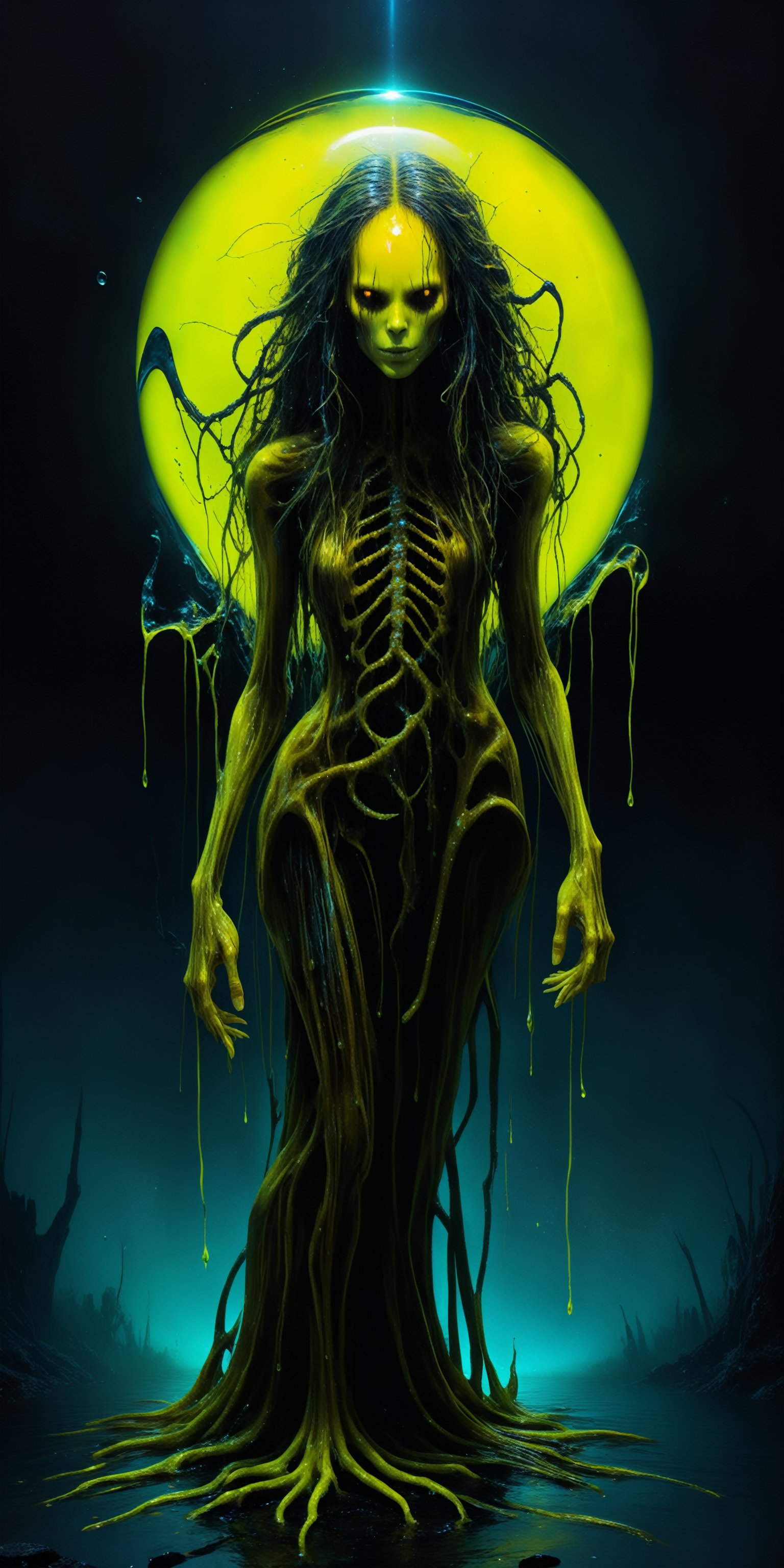 by (Shusei Nagaoka:1.2) and (Ian McQue:1.1), hyper realistic medium full shot photo of  a (monster lurking in the shadows:1.1),  (iridescent , yellow , masterful:1.4), poster art, bold lines, green slime skeleton with black and red insides, melting, humanoid, dripping, long wet tendril hair, large spherical glassy eyes, wet, hyper detailed, expressive,  award winning,  dark limited color palette, high contrast, depth of field, (intricate details, masterpiece, best quality:1.4),
night photography, looking at viewer, dynamic pose, wide angle panoramic view,
    in the style of nicola samori 
