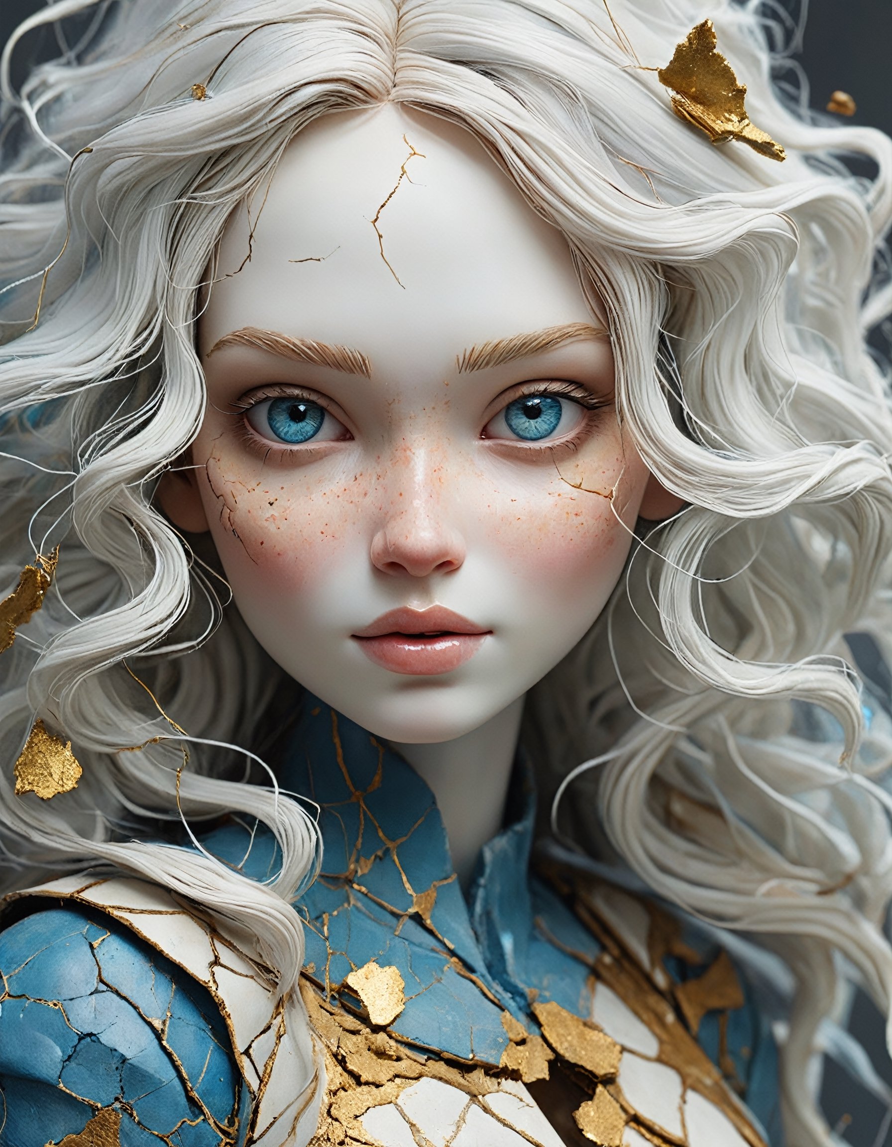 surrealist art a beautiful female doll with porcelain kintsugi skin, cracked skin, shattered porcelain skin, deep fine cracks, kintsugi, perfect clear realistic grey-blue eyes, soft focus, close-up, uncanny, long white natural hair, stunning perfect shining eyes, shy smile, serene curiosity, smiling eyes, amazing depth, expansive details, against a dark gradient background, style of Agnes Cecile and Anna Dittmann, dreamlike, mysterious, provocative, symbolic, intricate, detailed,
