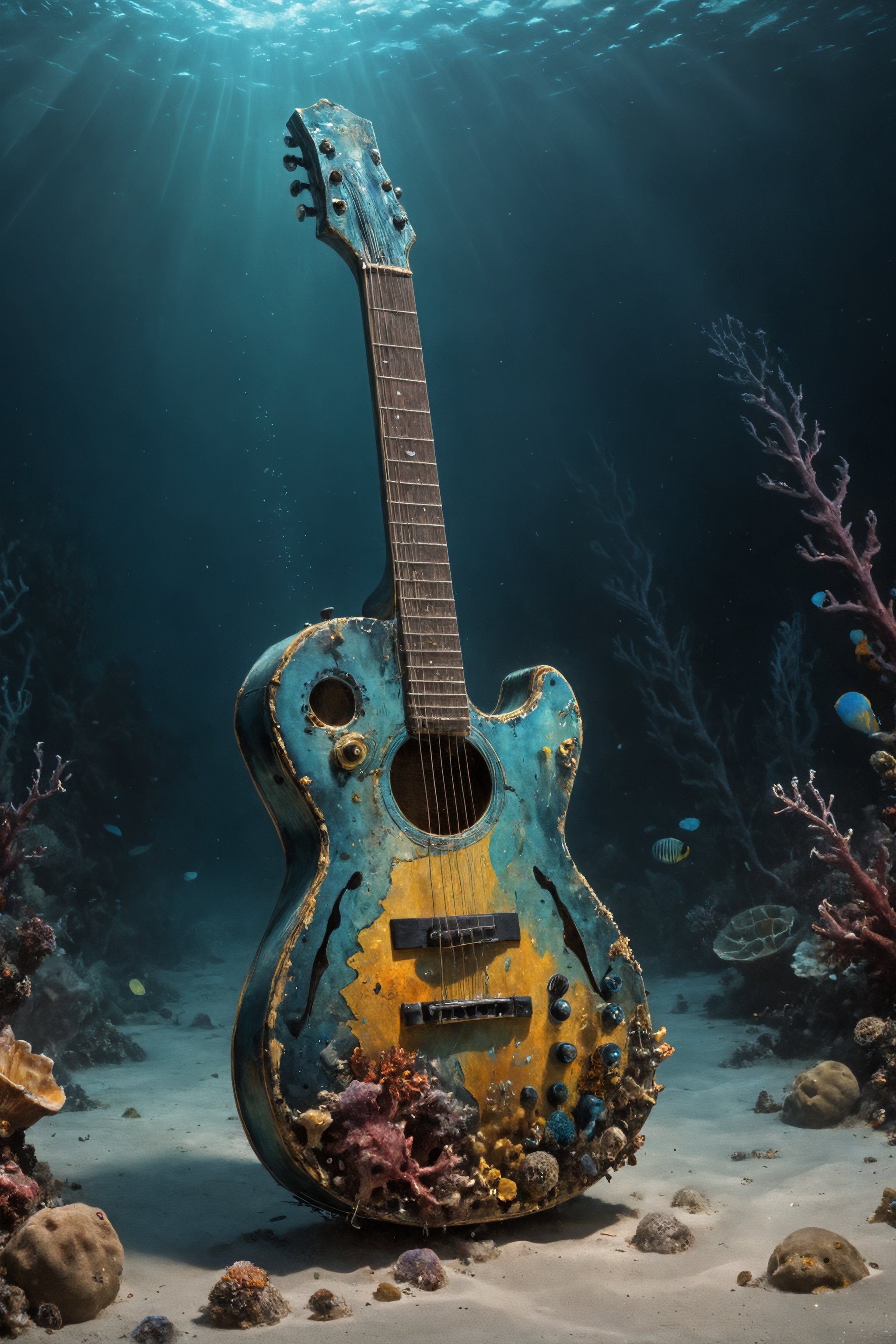 A lone electric guitar rests silently on the seabed, its once vibrant colors muted by the passage of time and the embrace of the ocean's depths. Despite its underwater slumber, hints of its former brilliance still shimmer faintly, reflecting the ethereal light that filters down from the surface above.

Though the salty waters have taken their toll, the guitar retains an air of majesty, a silent testament to the power and passion that once flowed through its steel strings. Even now, in this tranquil underwater realm, one can almost hear the echo of its haunting melodies, carried on the currents like whispers of a forgotten song.

As marine life flutters by, casting curious glances at this unexpected visitor to their watery domain, the guitar remains a silent guardian of its own legacy. Though the ocean may have claimed it as its own, the spirit of music and creativity that once inhabited its strings lives on, a timeless reminder of the enduring power of art to transcend even the deepest depths.,darkart,Contained Color