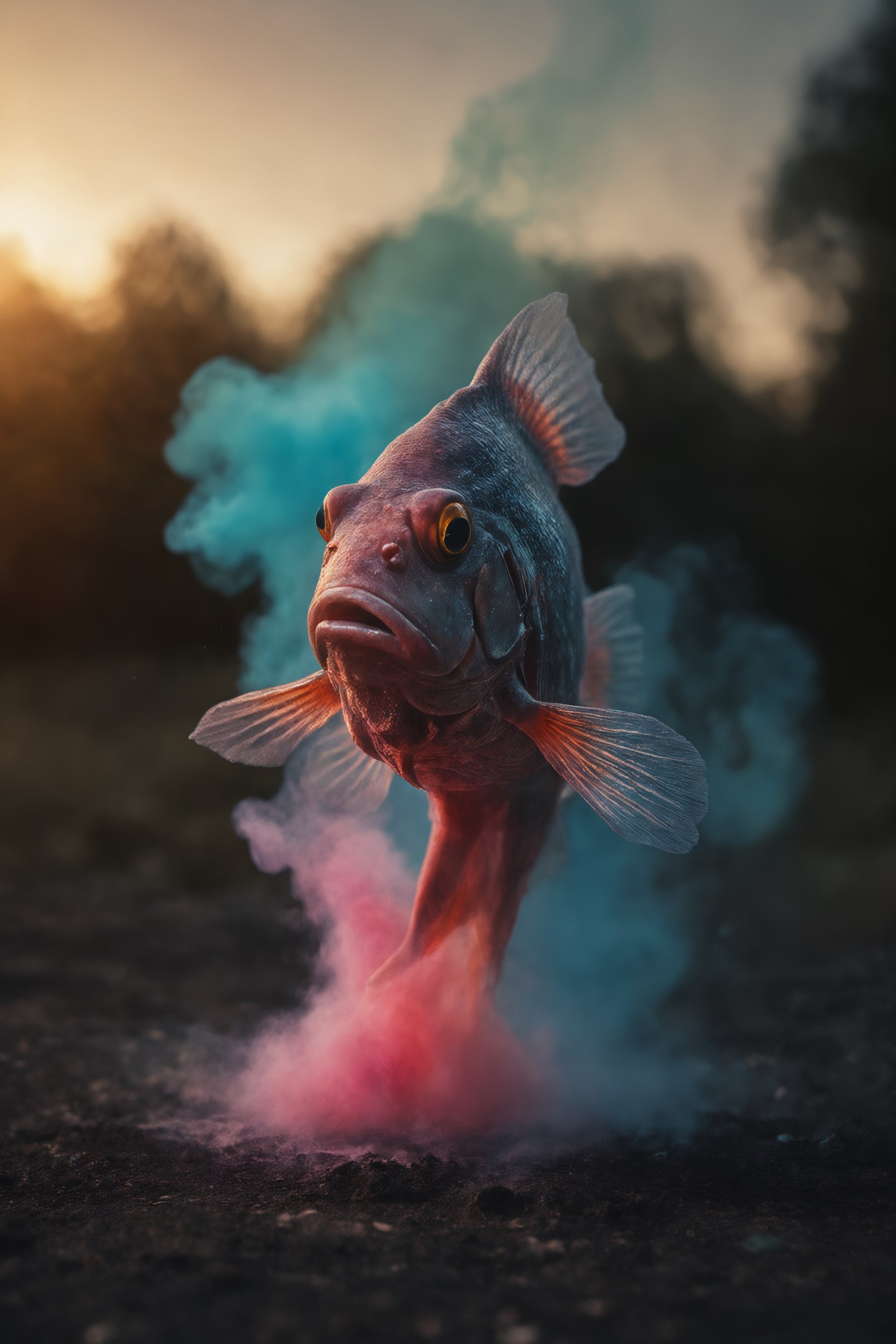 violent chalk explosion, holographic colourful floating in space, cinematic close-up portrait of an amphibious fish (made of chalk:1.3) during twilight in autumn, dark and gritty fantasy film heavy chalk smoke, cinematic lighting