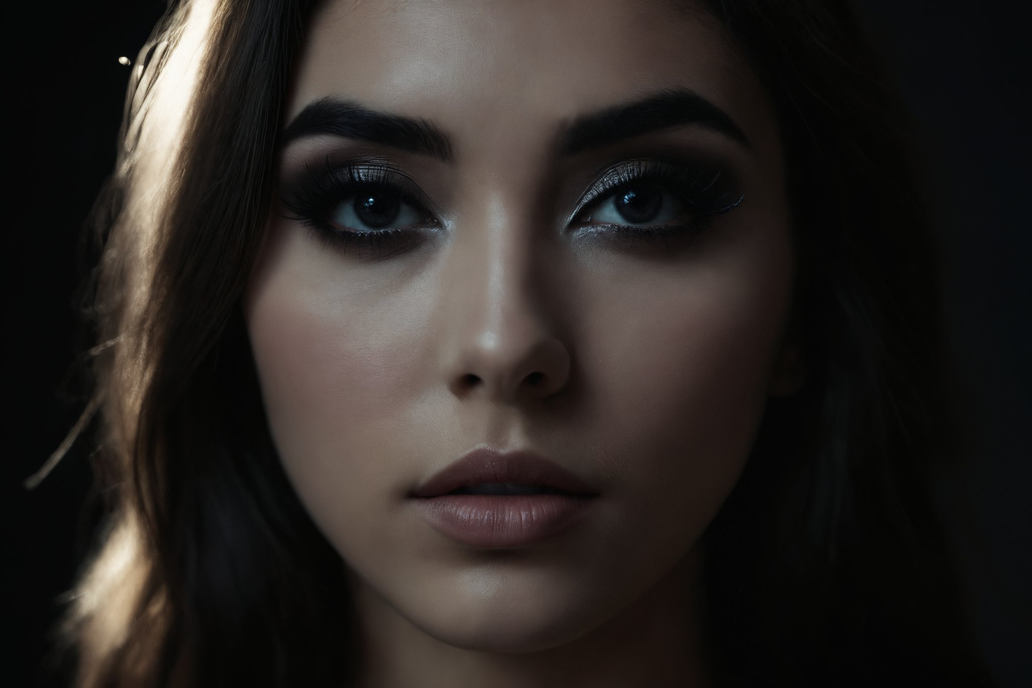 cinematic film still of  
Butterfly lighting photography of a woman with black makeup and black eyelashes,1girl,solo,looking at viewer,simple background,monochrome,greyscale,parted lips,teeth,grey background,black background,portrait , nose shadow, realistic, realism, photorealism, hyperrealism, hyperrealistic, realistic, sharp, detailed, cinematography style, film light style, movie still,  professional photography, artistic, perfection, contrast, cinematic, filmic, high quality photo,  8k quality, colorful, nose covered in shadow, photography style, butterfly lighting style, shallow depth of field, vignette, highly detailed, high budget, bokeh, cinemascope, moody, epic, gorgeous, film grain, grainy
