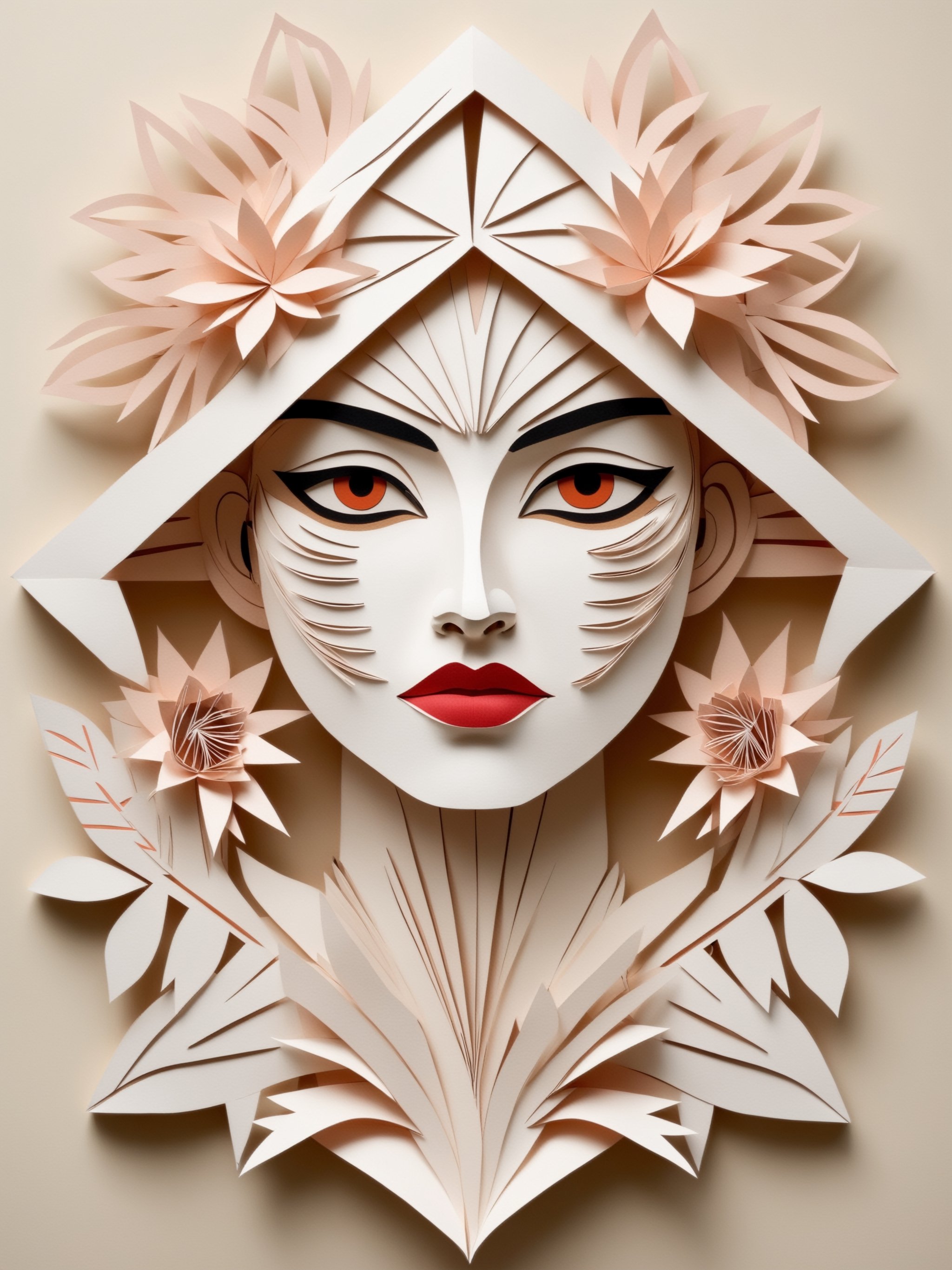 punk, Kirigami representation, 3D, paper folding, paper cutting, Japanese, intricate, symmetrical, precision, clean lines, flora borsi and albert gleizes, Folk Art Style, massurrealism,
