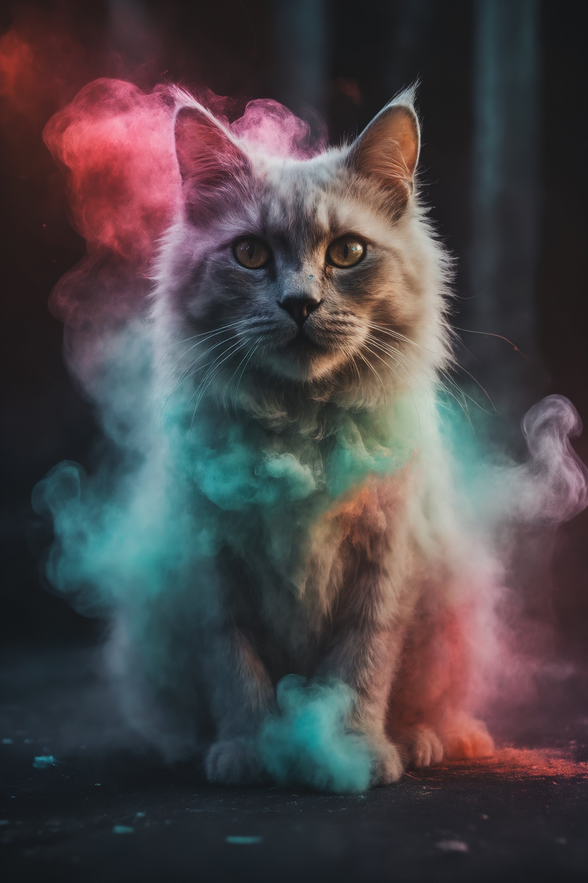 violent chalk explosion, colourful holographic floating in space, cinematic close-up portrait of a cat (made of chalk:1.3) during twilight in autumn, dark and gritty fantasy film heavy chalk smoke, cinematic lighting
