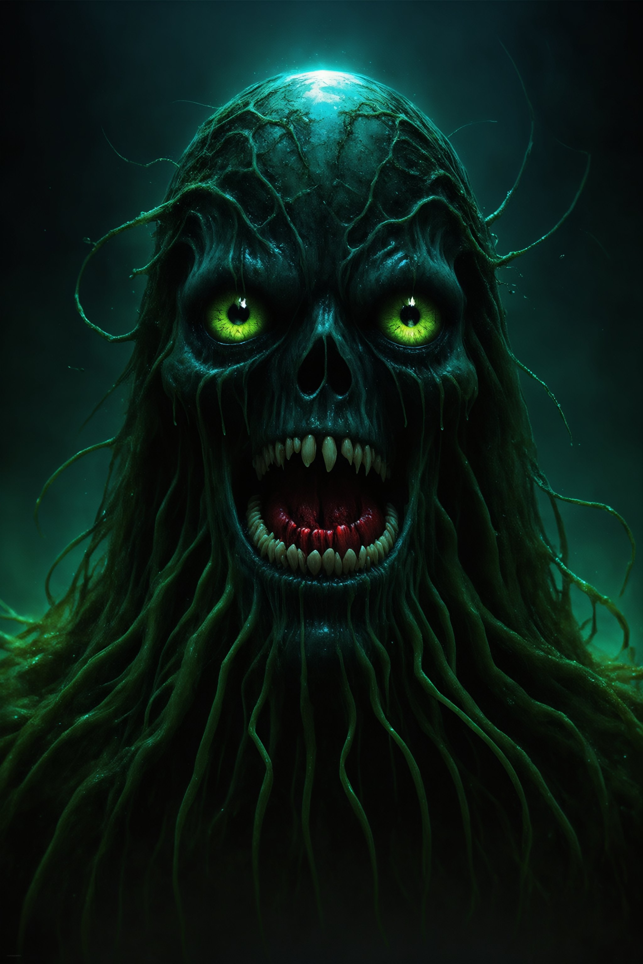 By Shusei Nagaoka and Ian McQue, we're aiming for a hyper-realistic photograph in a full medium shot depicting a monster lurking in the shadows, with an iridescent touch, but with a more eerie and disturbing hue. The required poster art should have bold lines and showcase a green slime skeleton with a black and red interior, seemingly melting. This humanoid monster, dripping and covered in long, wet tendrils of hair, has large glassy spherical eyes that gleam in the darkness. The image should be hyper-detailed, expressive, and award-winning, using a dark and limited color palette, with high contrast to enhance the eerie effect. Expecting the depth of field to highlight the intricate details of the masterpiece, giving it the highest possible quality. The nocturnal photograph should feature the monster directly facing the viewer, with a dynamic pose captured through a panoramic wide-angle lens. All this is to be executed in a style similar to that of Nicola Samori, but with a more macabre and sinister approach.