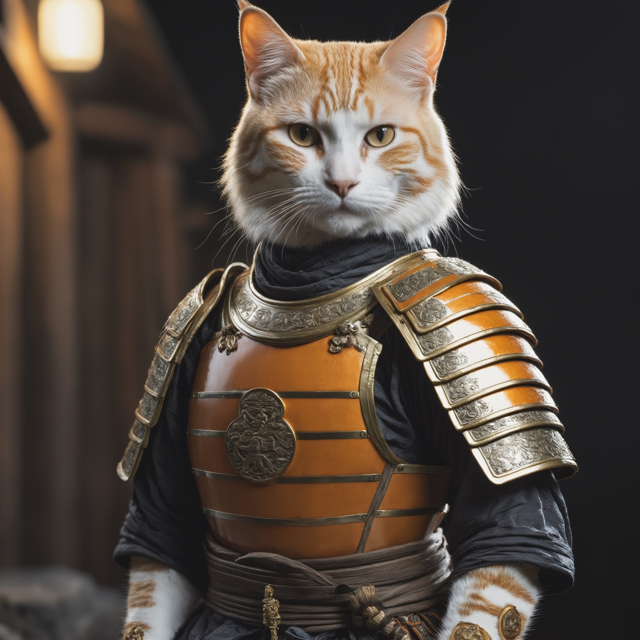 high quality anthropomorphic samurai cat, common european breed orange, realistic, extra detailed, detailed, with white armour, 
((((night time, seen from afar)))))