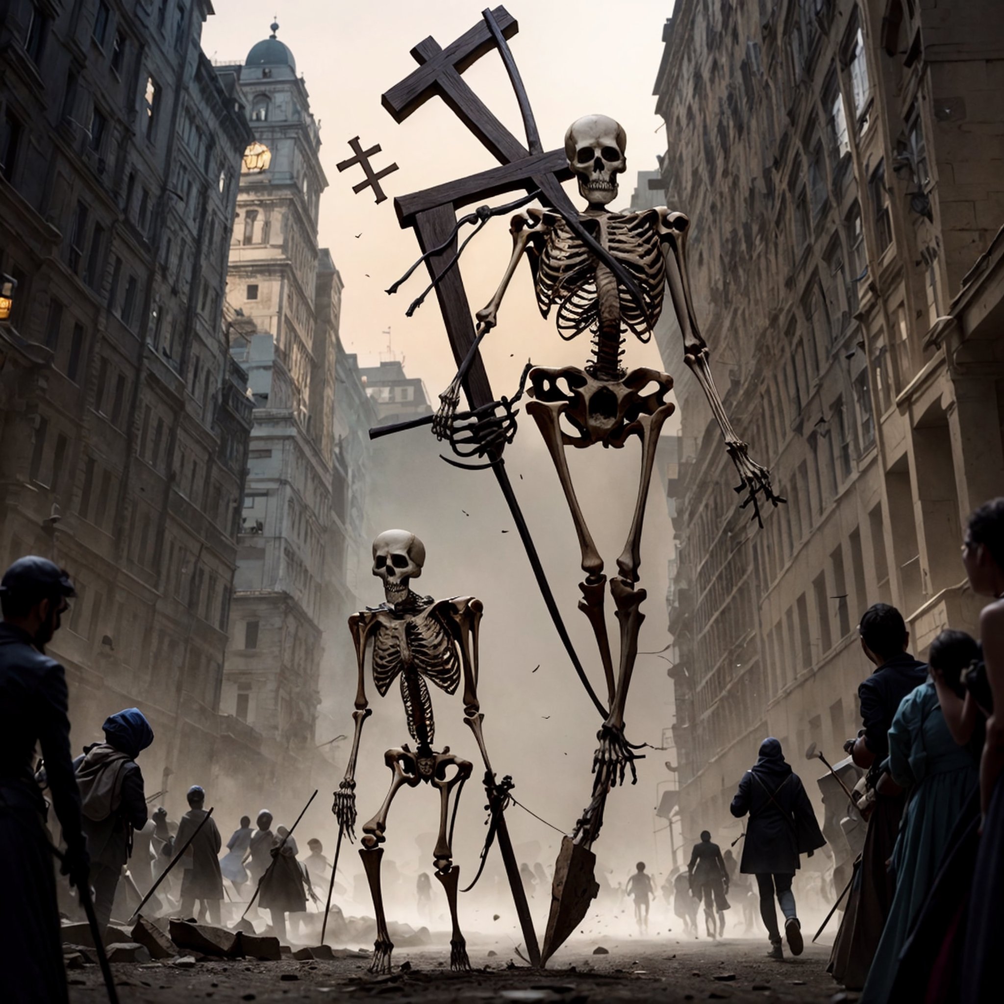 a beautiful skeleton carries a heavy cross
