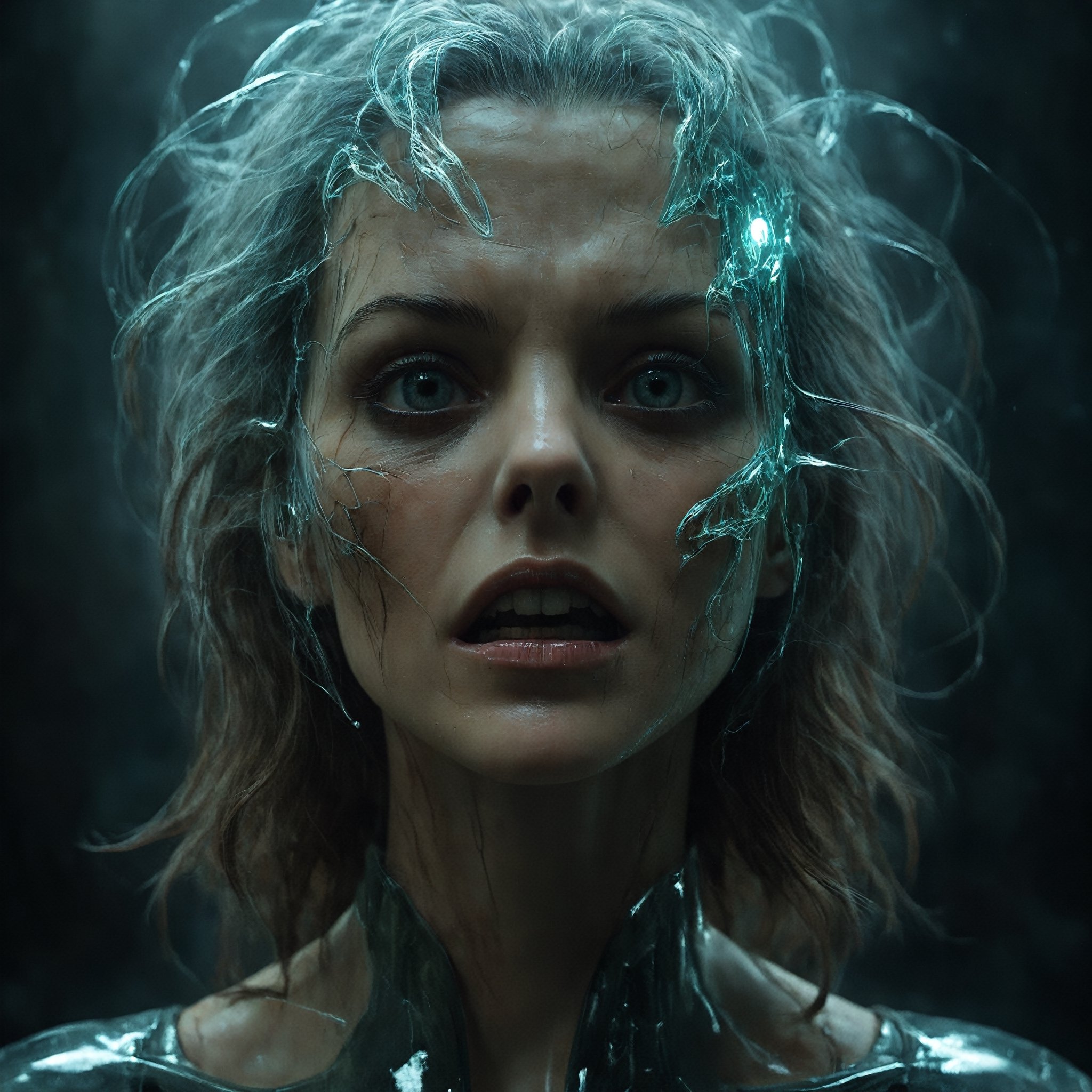 (abstract)++, scifi horror, (glass), cgi, powerful (movie poster),(cinematic lighting),(breathtaking),(detailed textures),(high resolution),(render), gritty, render, realistic, 4k, (photo realistic)++, (long hair)++