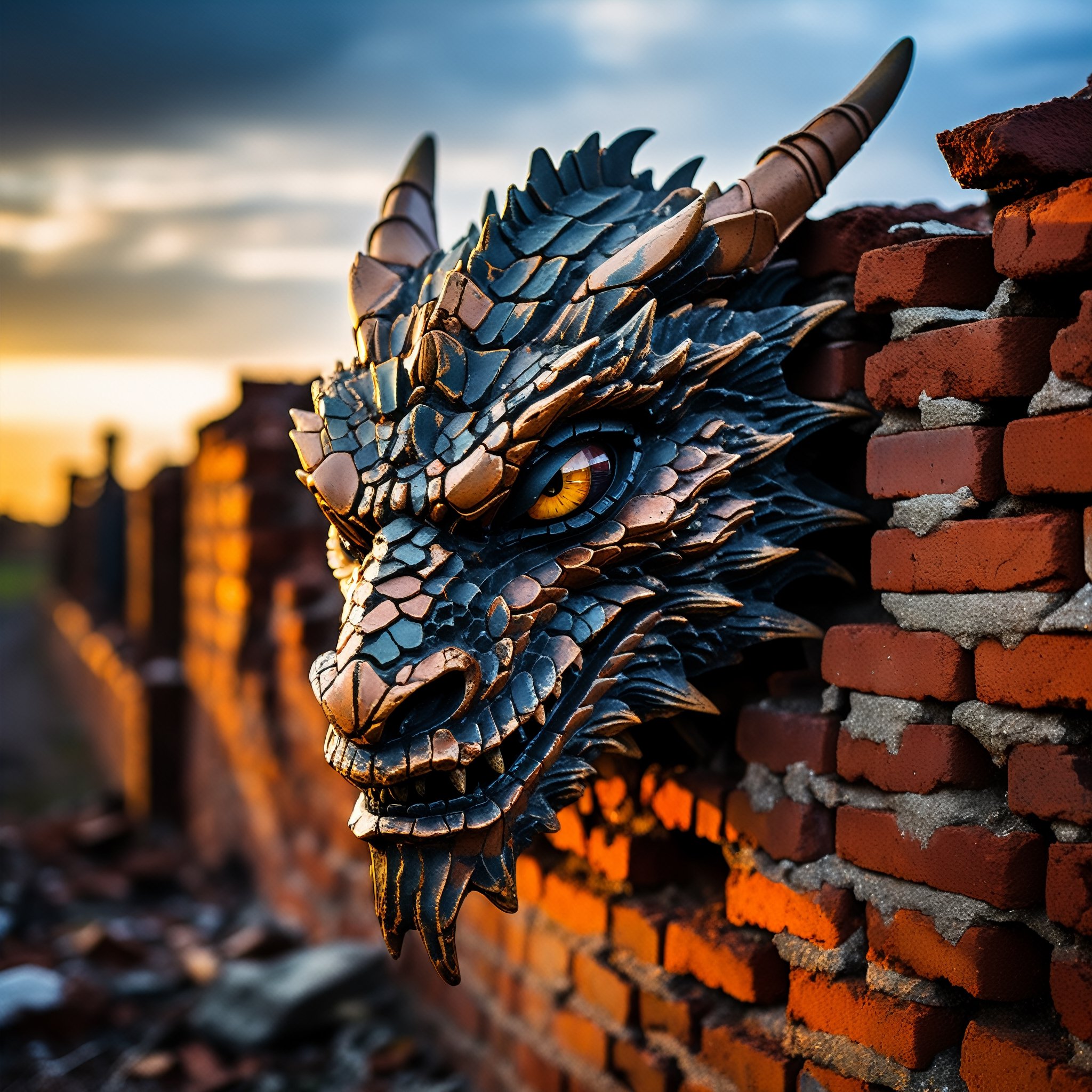 Image of a classical sculpture of a cracked dragon face, eyes serene and closed, emerging from a cracked and peeling wall. The face has a network of cracks, as if it were made of porcelain or brittle plaster. The sculpture seems to detach itself from the surrounding brick wall, which has a rough, tactile texture. The colour palette should be muted, with brick tones for the wall and a pale tone for the face, highlighted by black lips., aurorapunk, a moody sunset influencing the sun, a fantastic view, a detailed and complex view. and a quality background. Vintage film grain, tetradic colours, rust style, vantablack aura, golden ratio, rule of thirds, cinematic lighting Darkness and magical realism. Deep zoom complementary Memphis style poisonous colours, deep zoom abstract bokeh background, ,DissolveSdxl0,fragments, earth element