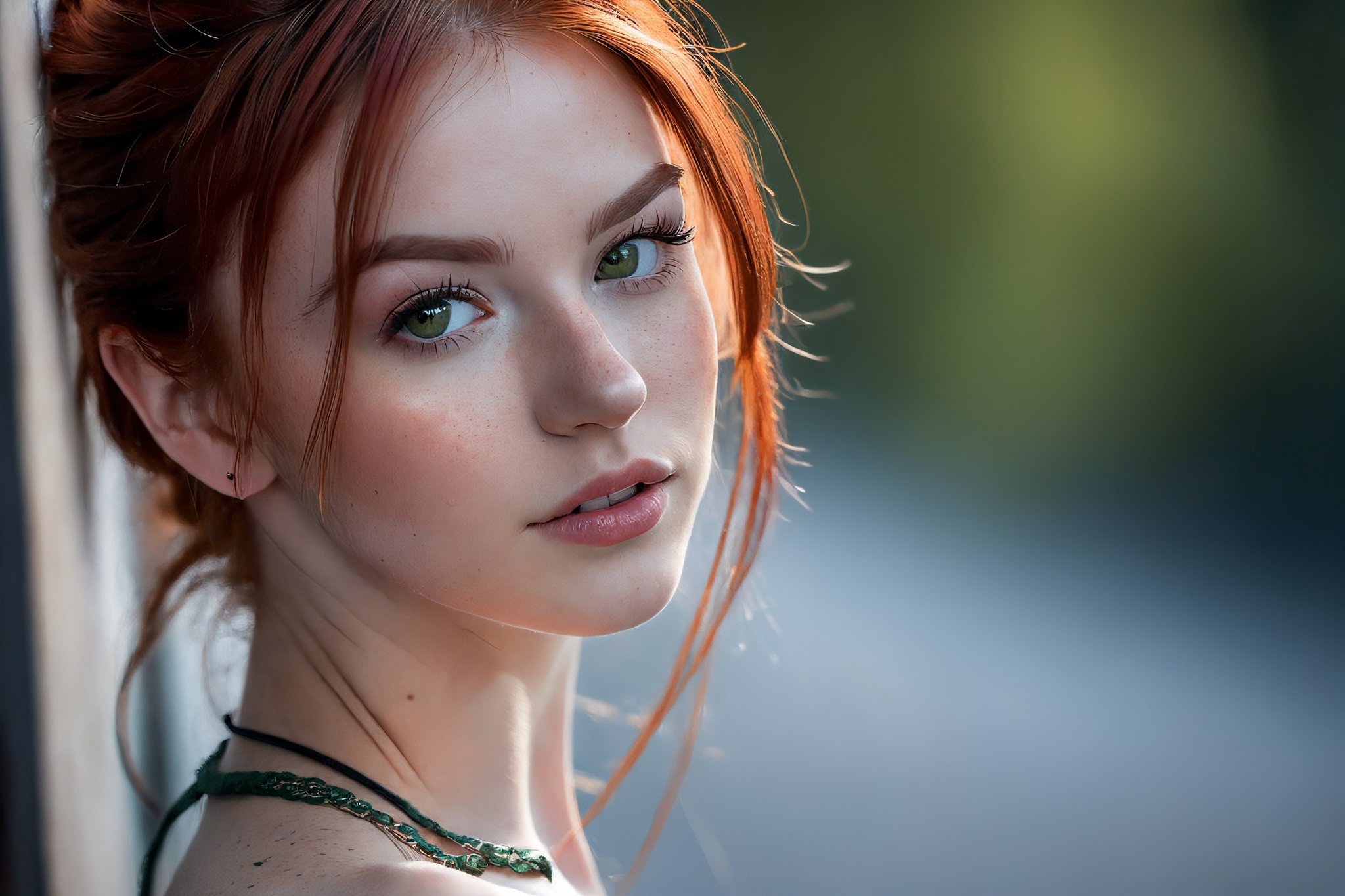 photorealistic, raw photo, best quality, ultra detailed, masterpiece, 1girl, naked topless, crimson red hair head,passionate,adorable shy young girl, petite skinny flat chested, alluring face with a few freckles,realistic soft blue grey eyes partially open,detailed skin, pores, tattoos,detailed background,inticate detailed, depth of field, full body framing from very low angle, backlit, smoky haze,  delightful, perfect, glamorous, dazzling, alluring, astonishing, dreamlike, marvelous, magnificent, irresistible, appealing, captivating, inviting, radiant, in tight leggings and a green top, driving a car,  (lora:Detail_Tweaker:1.2),Leonardo Style,photo r3al