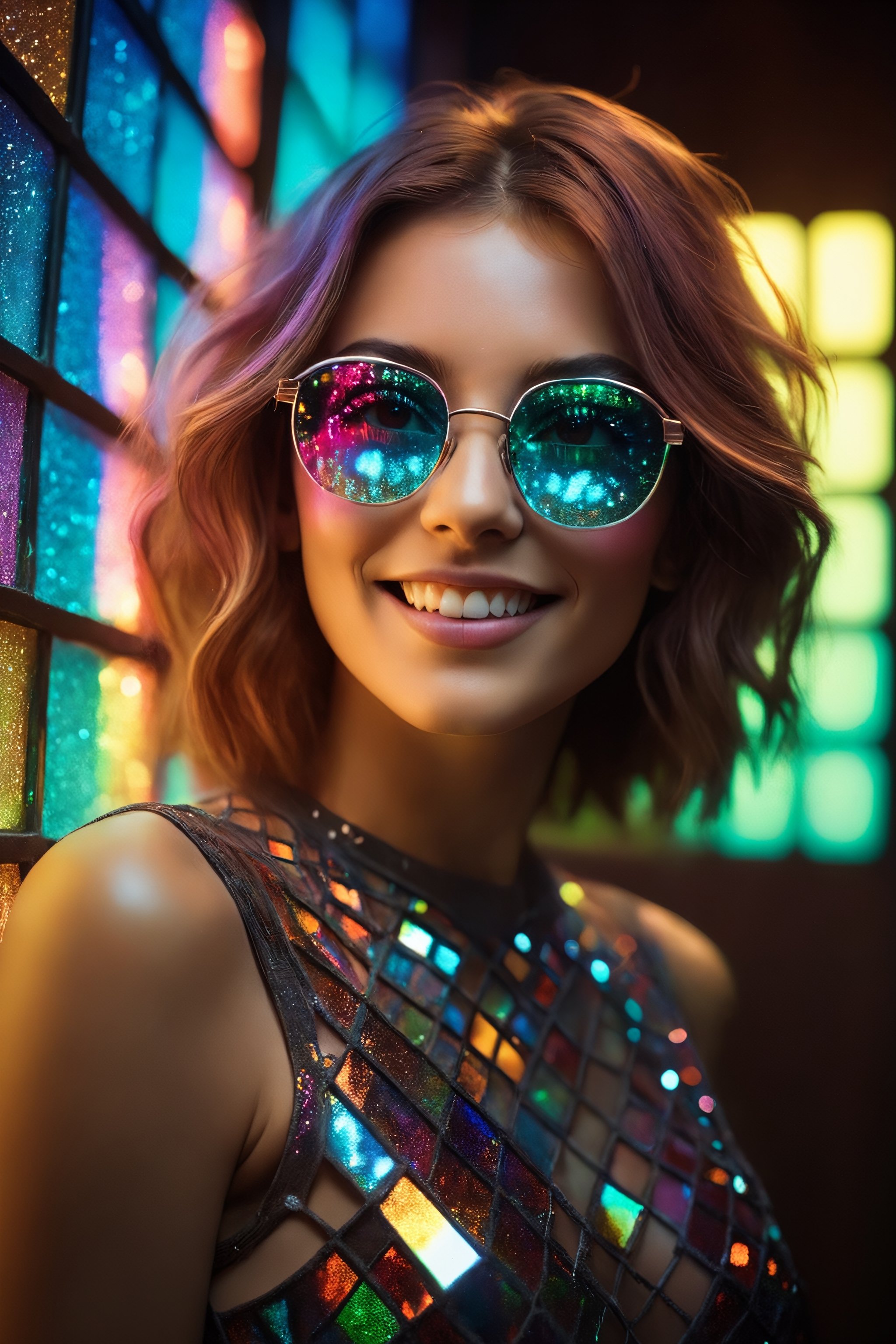 RAW Photography,cloae-up cute smiling young woman in led square glasses and glitter glow dress, laser rays, disco style, High fade hair,colored transparent glass, stained glass,unreal fashion,(specular reflection, mirrored, extremely intricate, ray tracing:1.4), vivid colors,high quality textures of materials, volumetric textures, coating textures, fabric textures, metal textures, stone textures, natural textures,high detail, high sharpness, high clarity,photography, detailed photography,photoshadow,  intricate details, 8k, masterpiece, dynamic play of light, deep darks, rich emotive colors, 35mm photograph, film grain, kodachrome, award winning photography, perfect composition, epic shot, perfectly quality, vibrant and colorful
