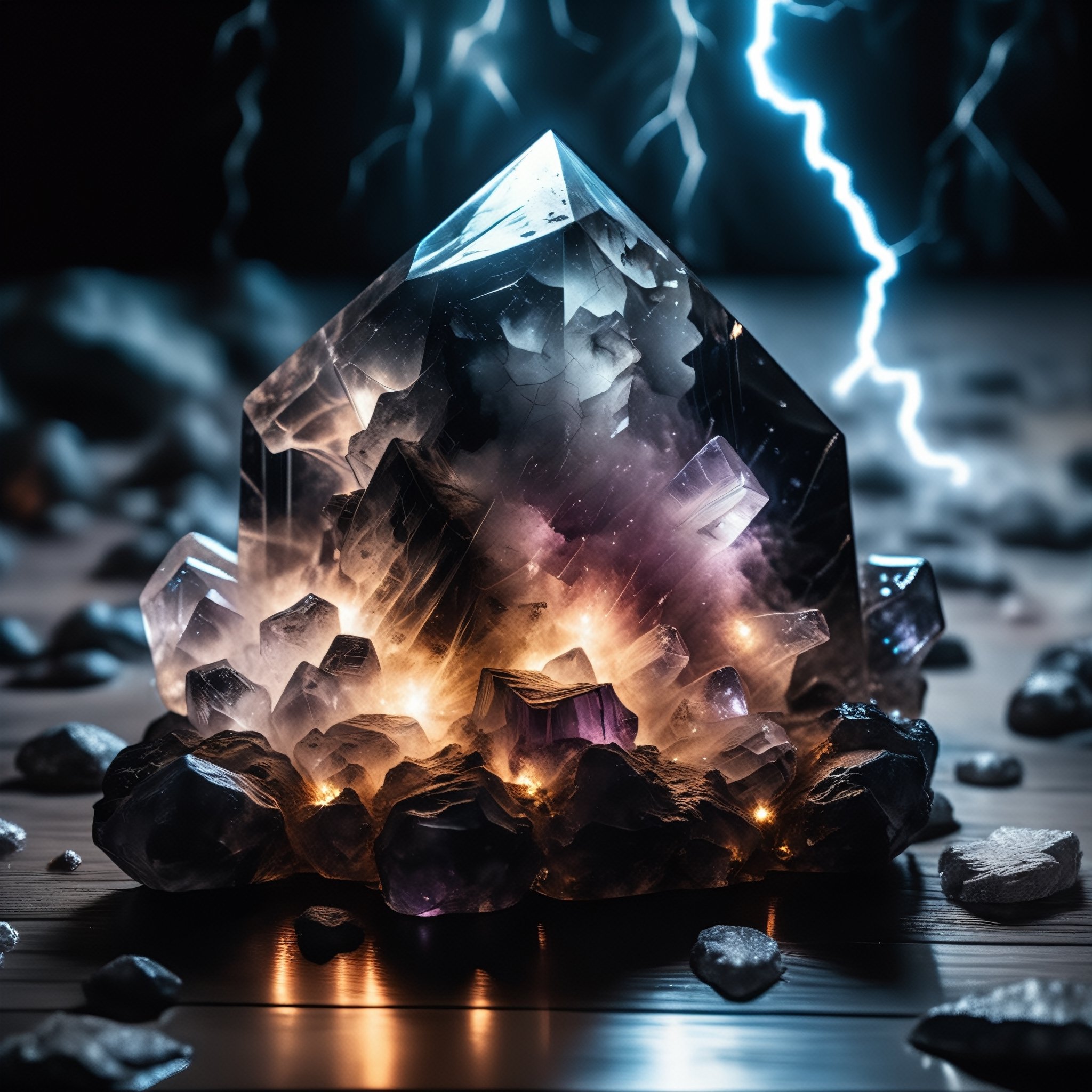 a dark glowing transparent natural crystal, black fog on floor, lightning inside, dark outer space background, dslr, 8k, 4k, realistic, vivid colors, soft lighting, raw photo 
,more detail XL