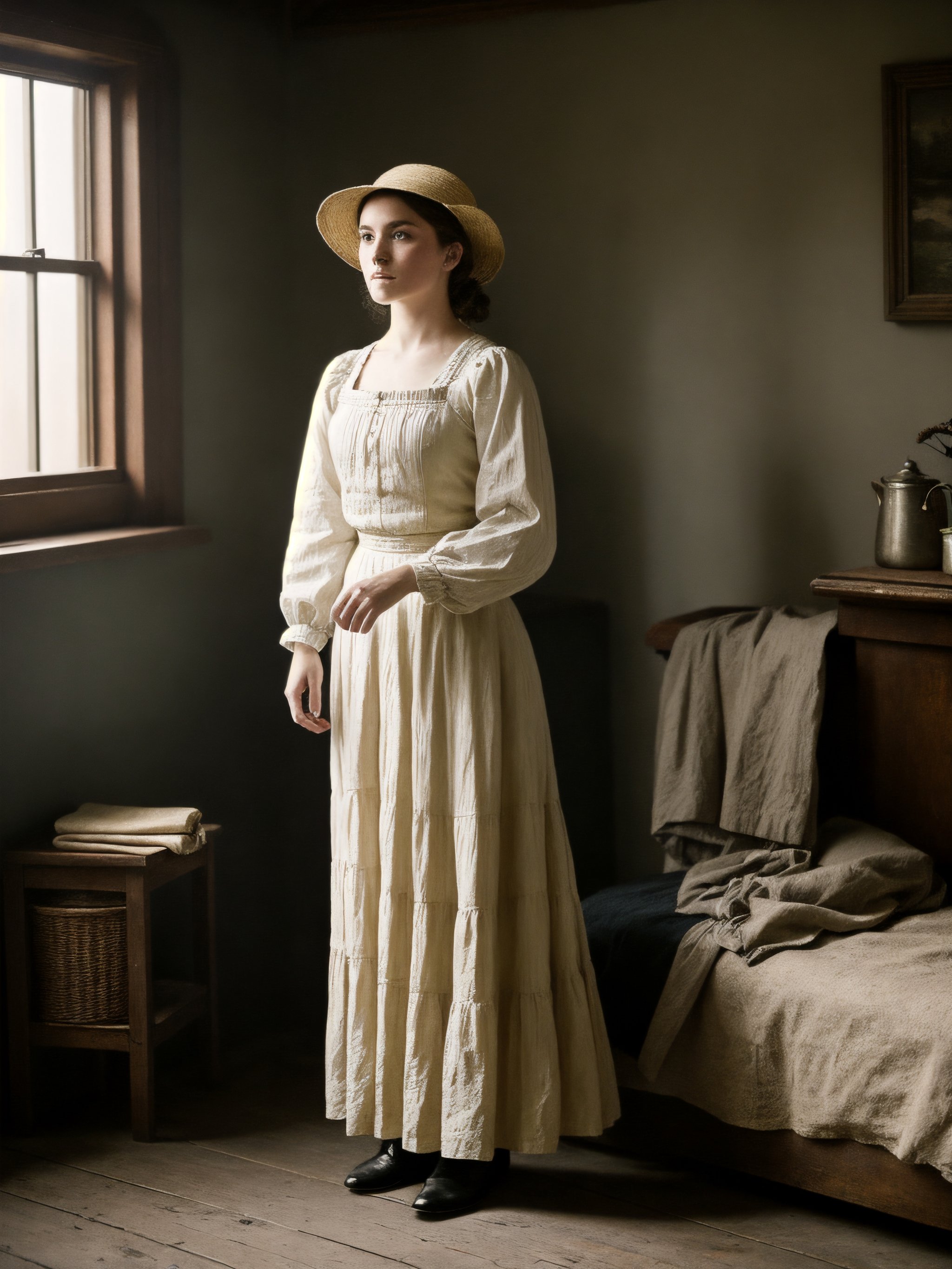 cinematic photography of DollyDyson award winning epic masterpiece conveying a sense of sensuality, full body shot photo of a feverish pretty irish peasant girl in the 19th century, peasant blouse, peasant skirt, peasant shoes, peasant hat, delicate sunrays flooding into a dark poor room, intricately detailed, exquisite natural lighting, Phase One XF IQ4 150MP camera, using an 80mm lens, f/4.0 aperture, 1/200s shutter speed, and ISO 100
