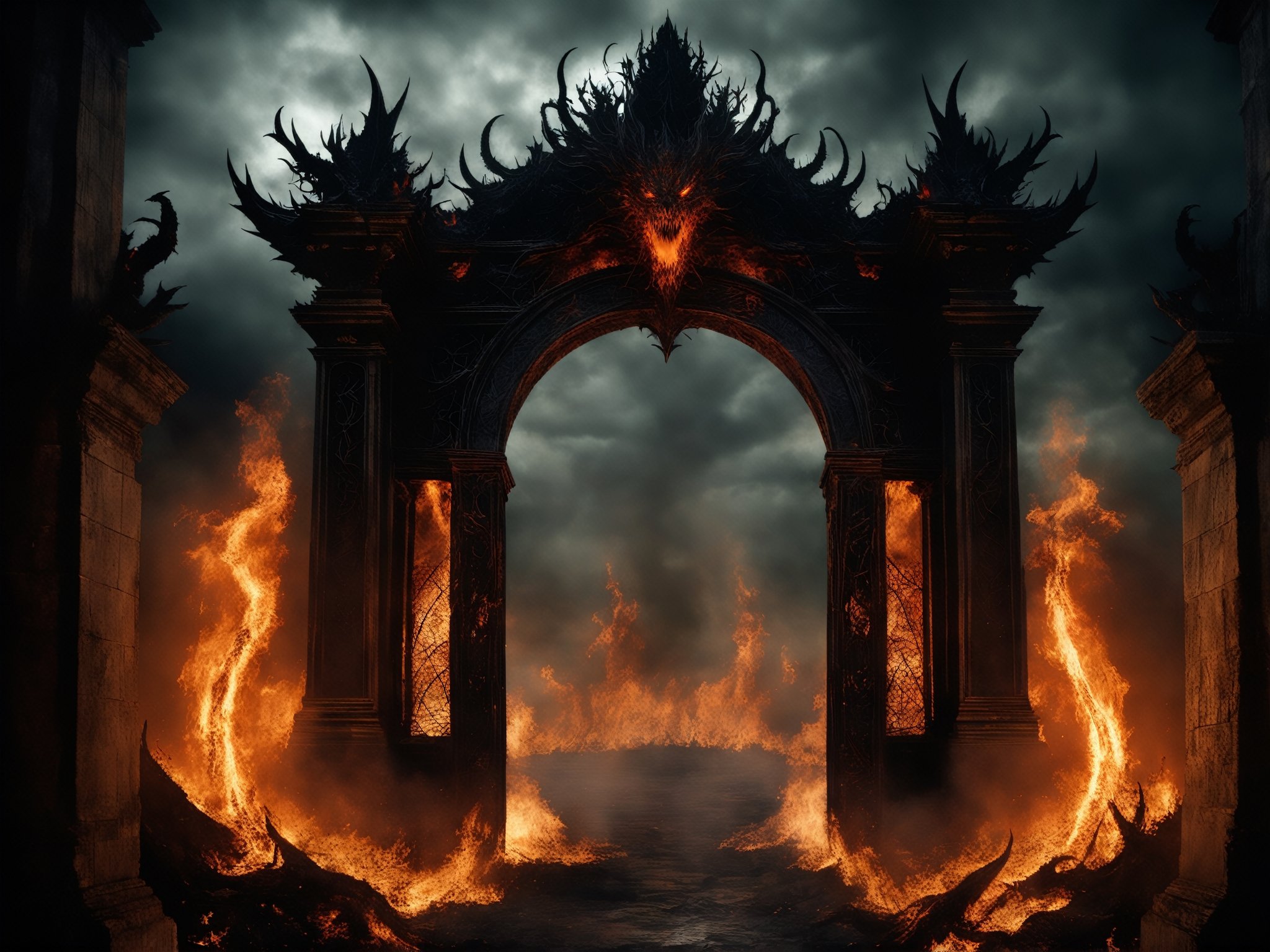 
The Gates of Hell, guarded by the oldest and most fearsome shadows, stand majestic in the heart of a realm of fire and brimstone. With a height that defies the heavens and a width that swallows light, these gates are the embodiment of terror and damnation.

Forged in the darkest metal and coated with arcane runes that whisper forgotten terrors, the Gates of Hell exude an aura of malevolence that would chill the bravest soul. Their surface is marked by eternal flames that dance wildly, reflecting the inner torments of those who lie beyond their threshold.

The air surrounding these gates is laden with suffocating heat and the acrid smell of eternal suffering. The moans and lamentations of trapped souls slip through the cracks of the gates, constantly reminding the living of the vastness of the torment that awaits should they dare to cross.

Only the most reckless or desperate dare to approach, and even then, few have the strength or sanity to face what lies on the other side. The Gates of Hell stand as a somber monument, an unrelenting reminder of the eternal struggle between good and evil, and the fragility of the human soul in the face of the underworld's temptations, ultra-fine digital painting, ,    Gorgeous splash of vibrant paint
,colorful,more detail XL,darkart