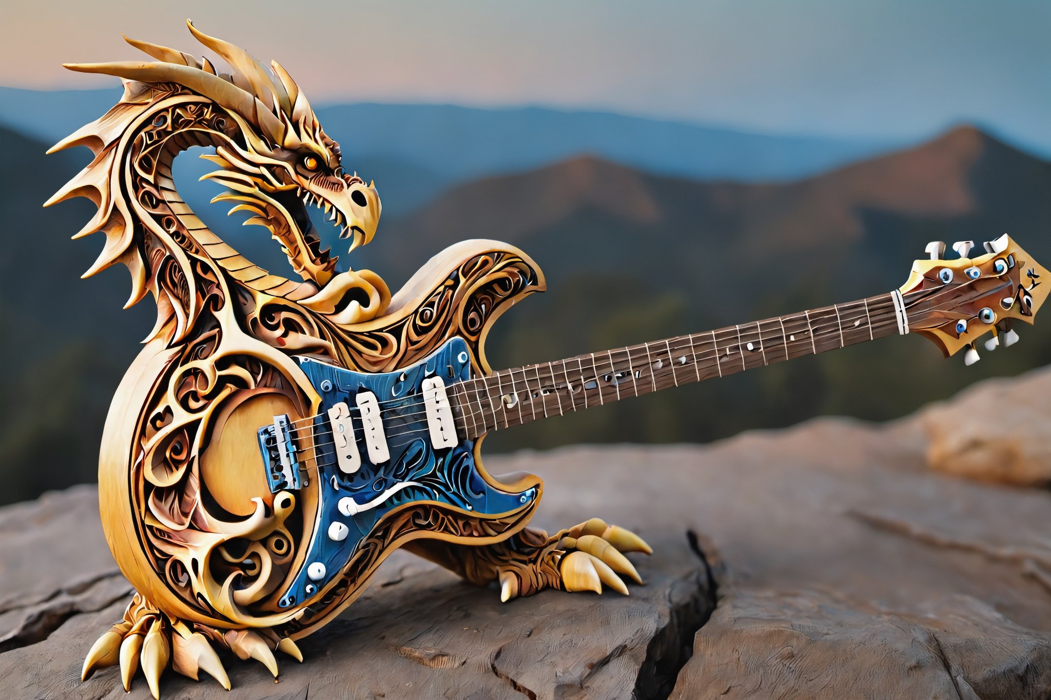 electric guitar carved with very detailed wooden dragons, it is outdoors, on a mountain with the stars in the background on a moonless night.,EpicSky,woodfigurez