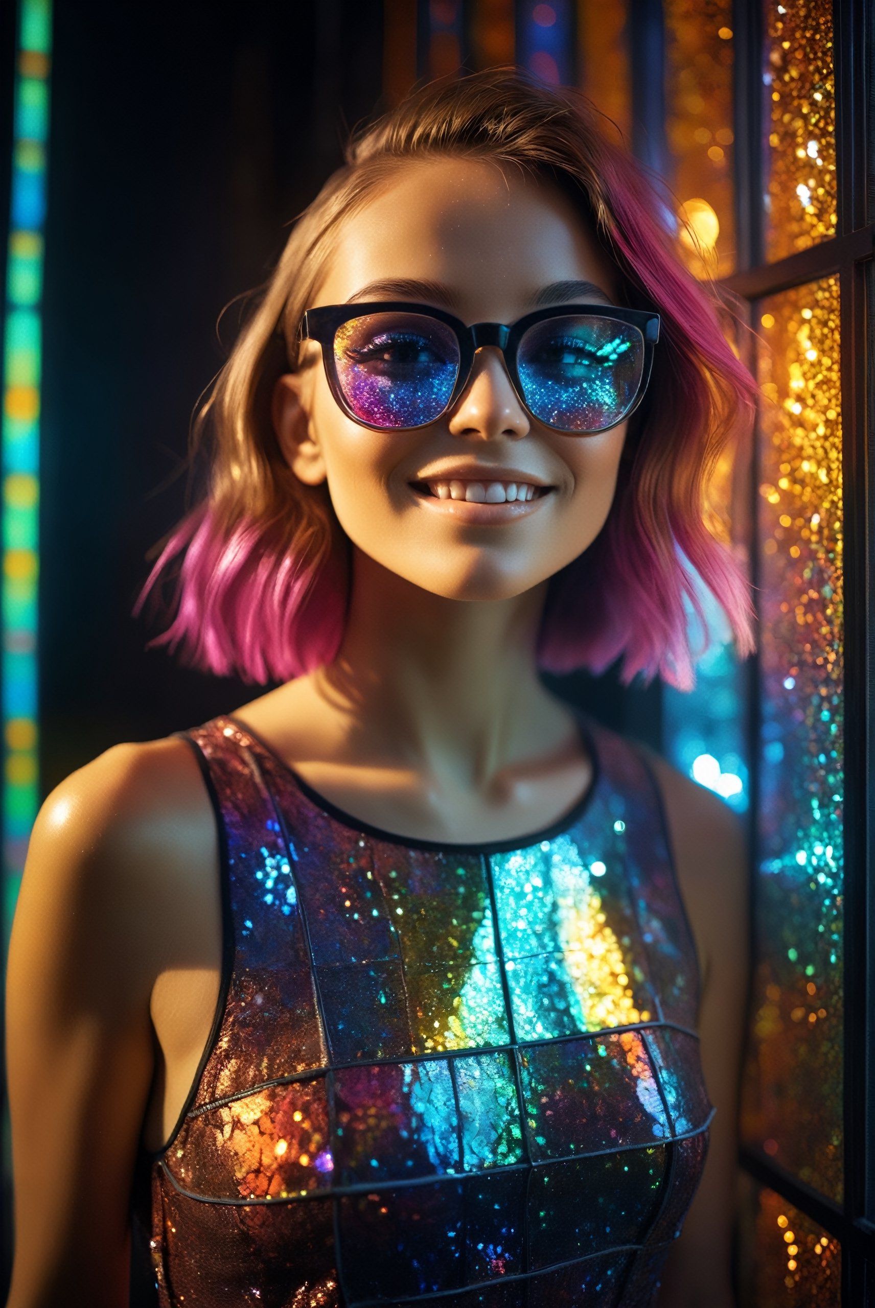 RAW Photography,cloae-up cute smiling young woman in led square glasses and glitter glow dress, laser rays, disco style, High fade hair,colored transparent glass, stained glass,unreal fashion,(specular reflection, mirrored, extremely intricate, ray tracing:1.4), vivid colors,high quality textures of materials, volumetric textures, coating textures, fabric textures, metal textures, stone textures, natural textures,high detail, high sharpness, high clarity,photography, detailed photography,photoshadow,  intricate details, 8k, masterpiece, dynamic play of light, deep darks, rich emotive colors, 35mm photograph, film grain, kodachrome, award winning photography, perfect composition, epic shot, perfectly quality, vibrant and colorful
