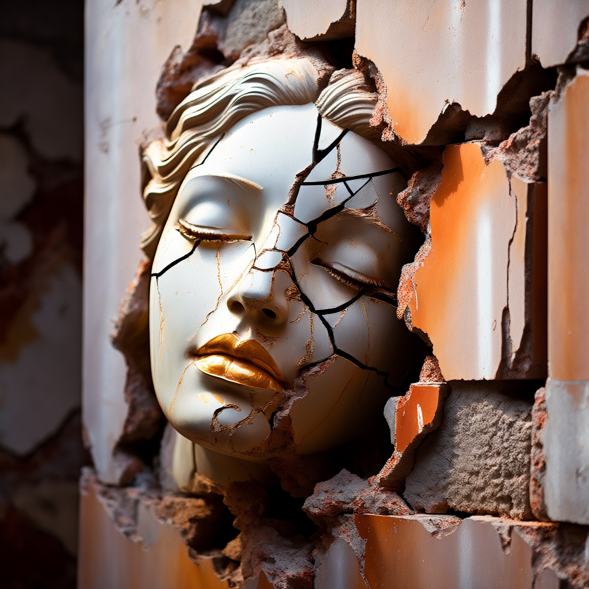 Image of a classical sculpture of a cracked female face, with serene, closed eyes, emerging from a cracked and peeling wall. The face has a network of cracks, as if it were made of porcelain or brittle plaster. The sculpture seems to peel away from the crumbling brick wall around it, which has a rough, tactile texture. The colour palette should be muted, with brick tones for the wall and a pale tone for the face, aurorapunk, a whimsical sunset influencing the sun, a fantastic view, a detailed and complex view. and a quality background. Vintage film grain, tetradic colours, rust style, vantablack aura, golden ratio, rule of thirds, cinematic lighting Dark and magical realism. Deep zoom complementary poisonous colours Memphis style, deep zoom abstract bokeh background, ,DissolveSdxl0,shards, soil element