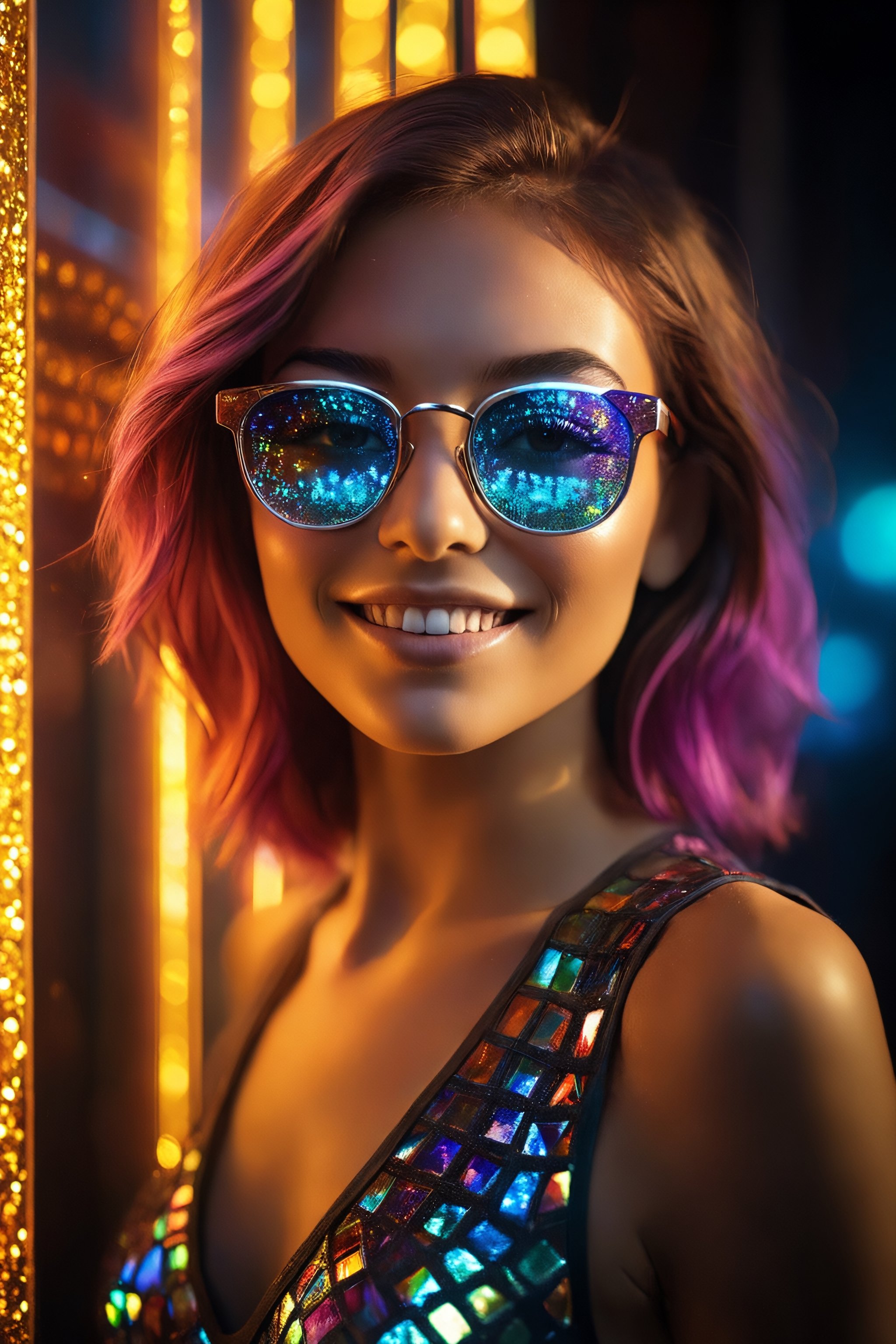 RAW Photography,cloae-up cute smiling young woman in led square glasses and glitter glow dress, laser rays, disco style, High fade hair,colored transparent glass, stained glass,unreal fashion,(specular reflection, mirrored, extremely intricate, ray tracing:1.4), vivid colors,high quality textures of materials, volumetric textures, coating textures, fabric textures, metal textures, stone textures, natural textures,high detail, high sharpness, high clarity,photography, detailed photography,photoshadow,  intricate details, 8k, masterpiece, dynamic play of light, deep darks, rich emotive colors, 35mm photograph, film grain, kodachrome, award winning photography, perfect composition, epic shot, perfectly quality, vibrant and colorful
