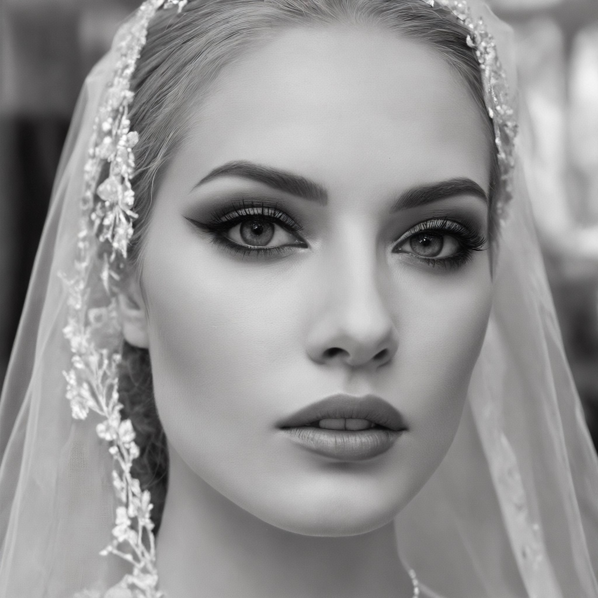 Create a monochrome portrait of beautiful blonde shop window mannequin dressed as a bride,  ((rectangular face)), close up , detail plan, detail plan of eyes, hair covering eye, dark make up, dark shadowing,nostalgic picture,Realism, film photography,DonM4lbum1n,Clear Glass Skin,photo r3al