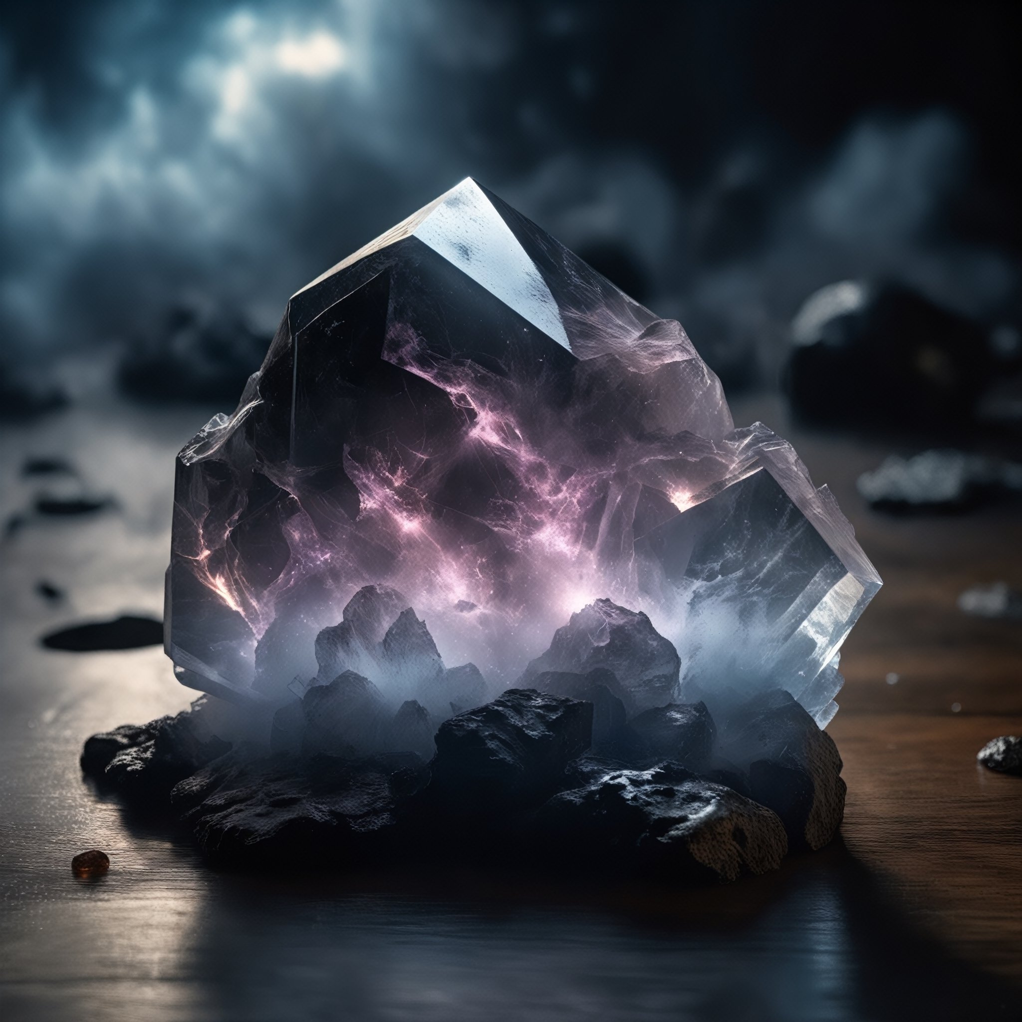 a dark glowing transparent natural crystal, black fog on floor, lightning inside, dark outer space background, dslr, 8k, 4k, realistic, vivid colors, soft lighting, raw photo 
,more detail XL