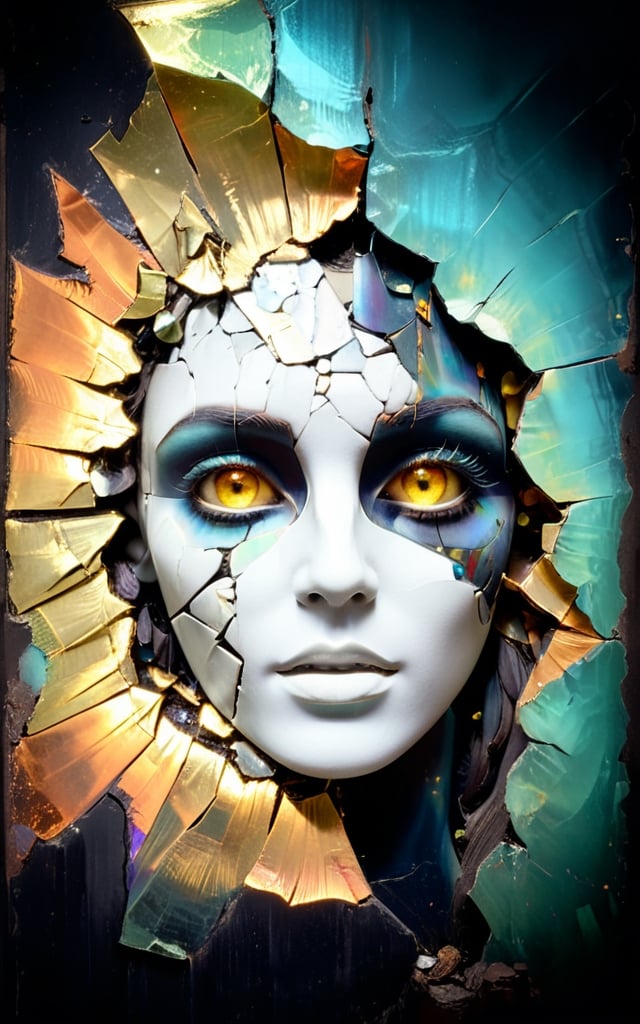 A wall with a human face, broken glass effect, no background, impressive, mythical being, textures, iridescent and luminescent scales, auras, rays, reflections of vivid colors, dark fantasy art style, smoky background, acid influence, fantastic view, clear and detailed quality, complex background. half. : old film grain, tetradic colors, golden hour, rust style, vantablack aura, golden ratio, rule of thirds, cinematic lighting Dark and magical realism. Complementary poisonous colors with deep zoom Memphis style, abstract bokeh background with deep zoom
