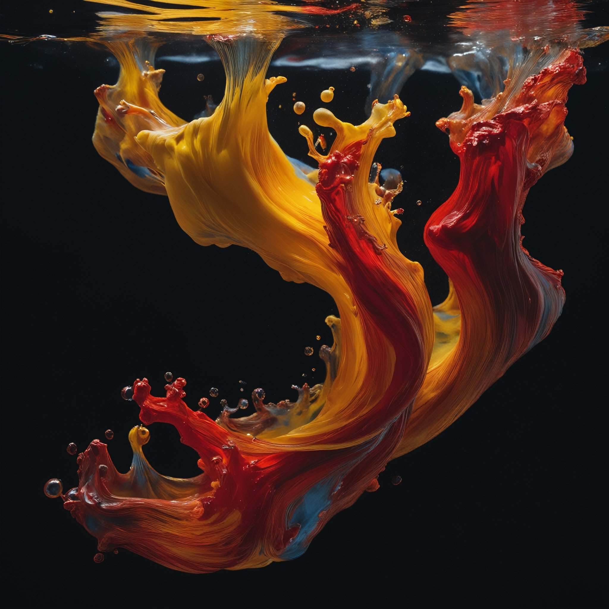 Capture the surreal beauty of a shot of oil paint submerged underwater against a dark black background. This studio photograph, shot with macro photography technique, reveals the hypnotic dance of red, yellow and blue tones of the oil paint dispersing in the water, creating an ephemeral and captivating work of art,