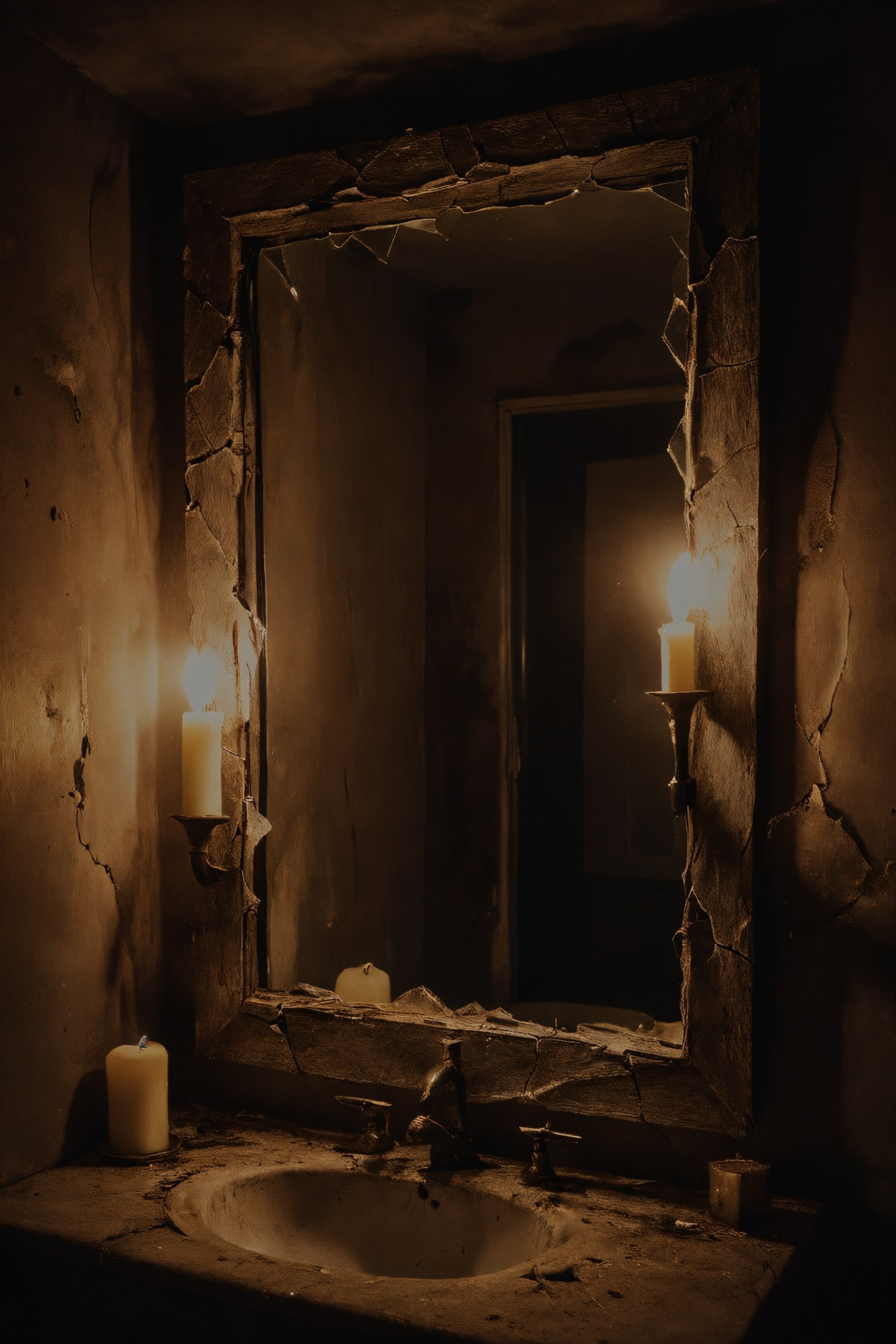 Shattered reflection in cracked bathroom mirror, tenebrism,
illuminated by sinister candles