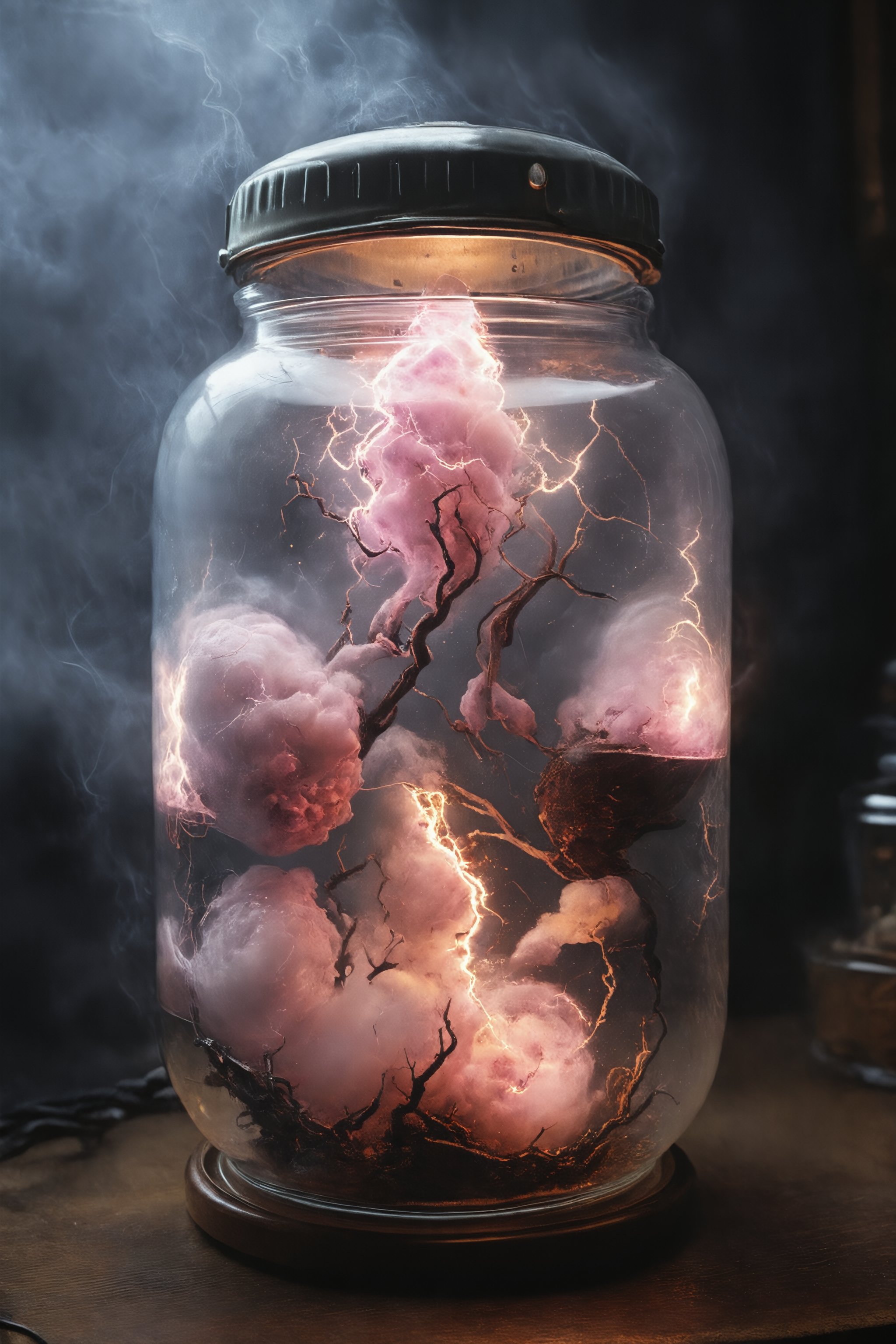 retro-futuristic (lightning storm), a human foetus growing in a glass jar in a workshop, jar filled with an opaque translucent liquid, realistic natural foetus, lid on the jar, volumetric lighting and fog effects to enhance the mystical atmosphere, lightning in the jar, stunningly beautiful, crisp, detailed, ultra-modern, high contrast, cinematic, . vintage sci-fi, 50's and 60's style, atomic era, vibrant, highly detailed,b3rli