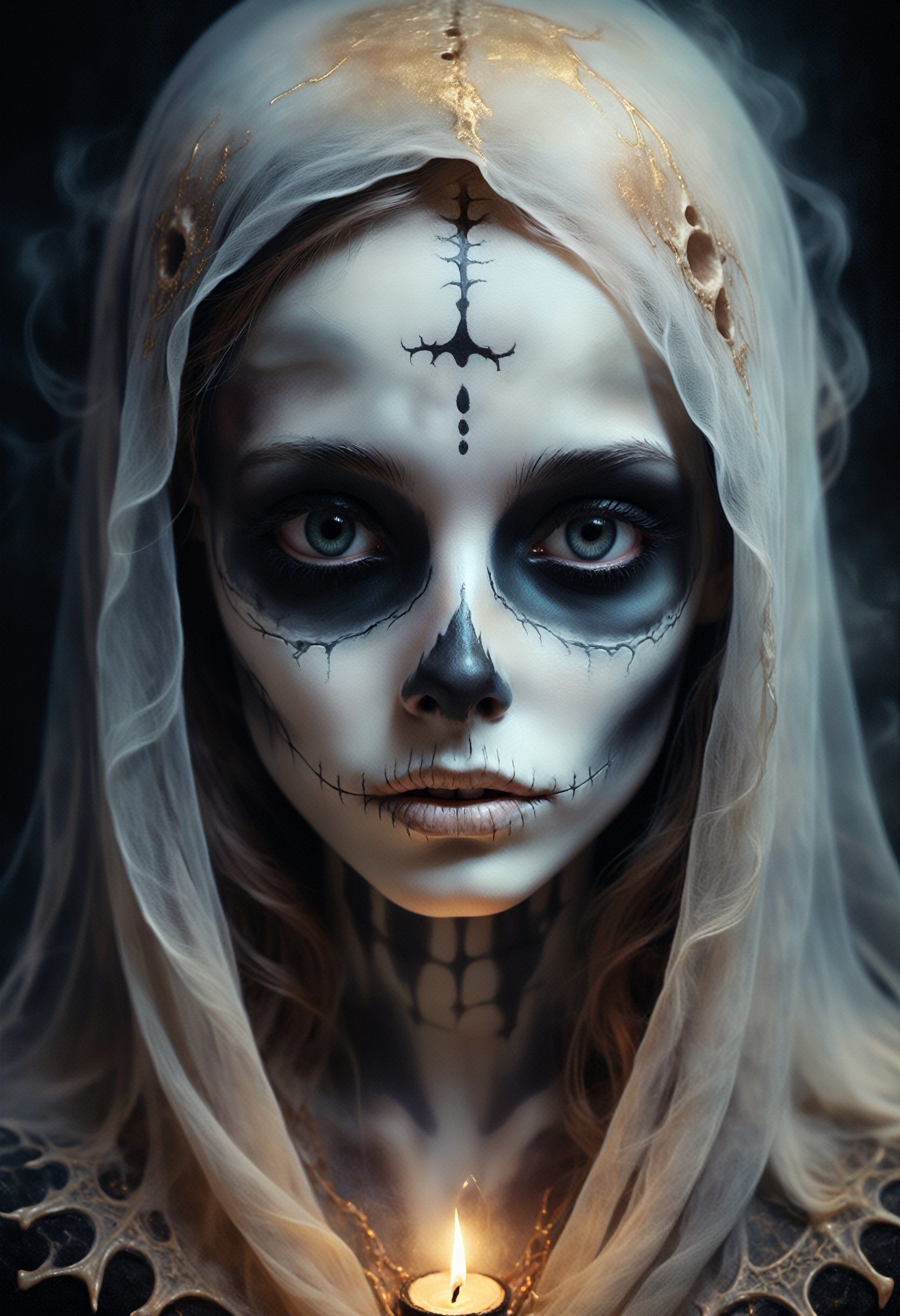 (deceptively beautiful, dreamlike ghost vision, dark rituals:1.1), (artist design by Tami Bone and Flora Borsi:1.1), (Closeup portrait of a beautiful girl, dark pastel colors, extreme closeup, detailed pupils, faint scar tissue, light crack in face showing glowing embers underneath:1.2)
,darkart,epoxy_skull