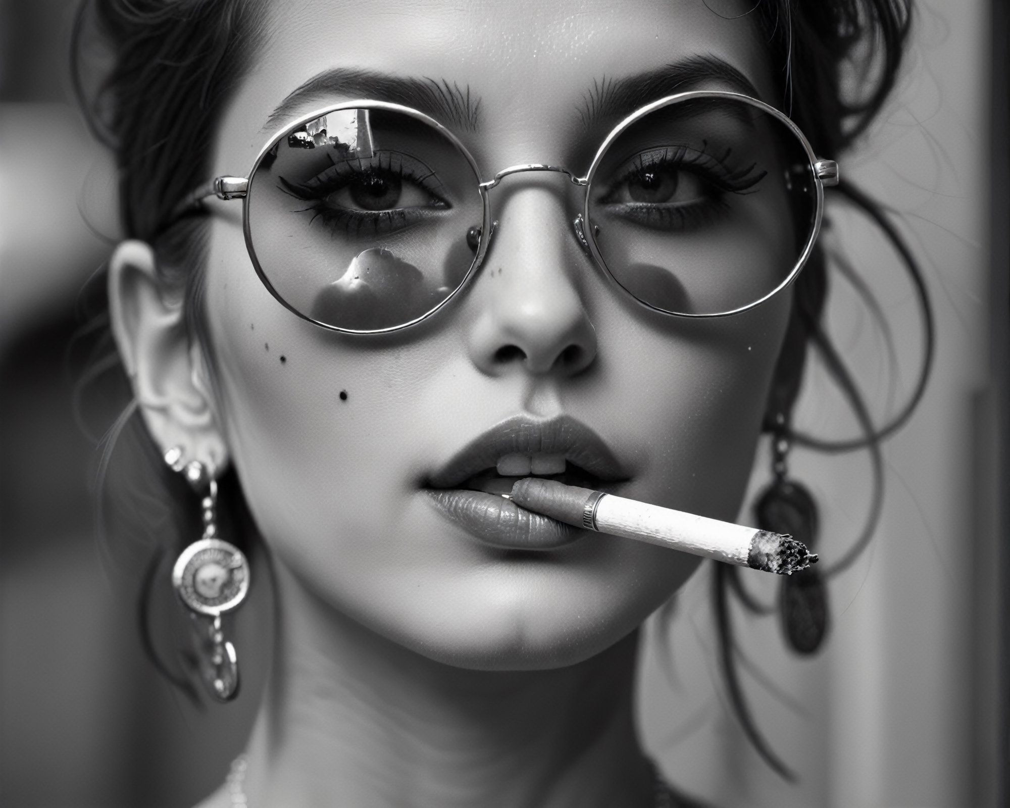The most beautiful woman in the world with mirrored sunglasses on, has a mole on one of her cheeks, has a small tattoo on her neck, wearing two silver earrings in the shape of a vintage style camera, with a lit cigarette in her mouth, black and white photograph, close-up detail