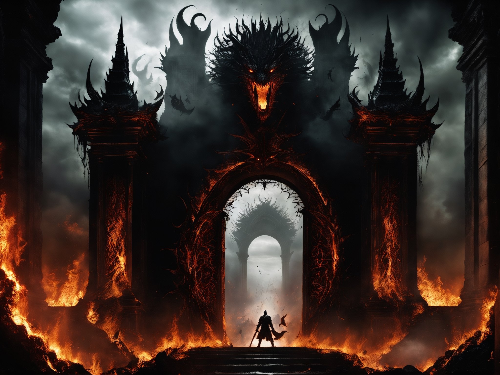 
The Gates of Hell, guarded by the oldest and most fearsome shadows, stand majestic in the heart of a realm of fire and brimstone. With a height that defies the heavens and a width that swallows light, these gates are the embodiment of terror and damnation.

Forged in the darkest metal and coated with arcane runes that whisper forgotten terrors, the Gates of Hell exude an aura of malevolence that would chill the bravest soul. Their surface is marked by eternal flames that dance wildly, reflecting the inner torments of those who lie beyond their threshold.

The air surrounding these gates is laden with suffocating heat and the acrid smell of eternal suffering. The moans and lamentations of trapped souls slip through the cracks of the gates, constantly reminding the living of the vastness of the torment that awaits should they dare to cross.

Only the most reckless or desperate dare to approach, and even then, few have the strength or sanity to face what lies on the other side. The Gates of Hell stand as a somber monument, an unrelenting reminder of the eternal struggle between good and evil, and the fragility of the human soul in the face of the underworld's temptations, ultra-fine digital painting, ,    Gorgeous splash of vibrant paint
,colorful,more detail XL,darkart