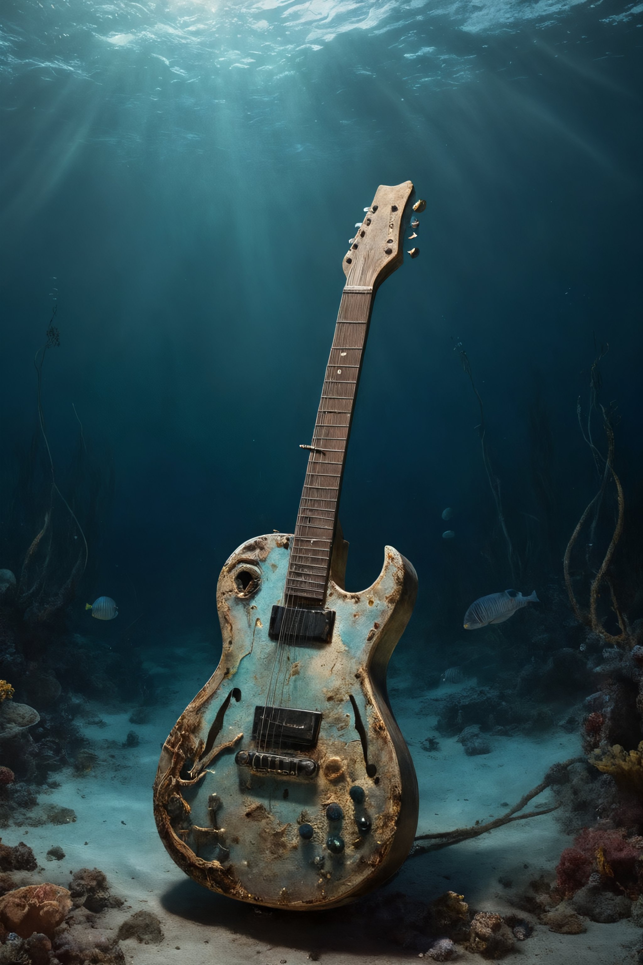 A lone electric guitar rests silently on the seabed, its once vibrant colors muted by the passage of time and the embrace of the ocean's depths. Despite its underwater slumber, hints of its former brilliance still shimmer faintly, reflecting the ethereal light that filters down from the surface above.

Though the salty waters have taken their toll, the guitar retains an air of majesty, a silent testament to the power and passion that once flowed through its steel strings. Even now, in this tranquil underwater realm, one can almost hear the echo of its haunting melodies, carried on the currents like whispers of a forgotten song.

As marine life flutters by, casting curious glances at this unexpected visitor to their watery domain, the guitar remains a silent guardian of its own legacy. Though the ocean may have claimed it as its own, the spirit of music and creativity that once inhabited its strings lives on, a timeless reminder of the enduring power of art to transcend even the deepest depths.,darkart