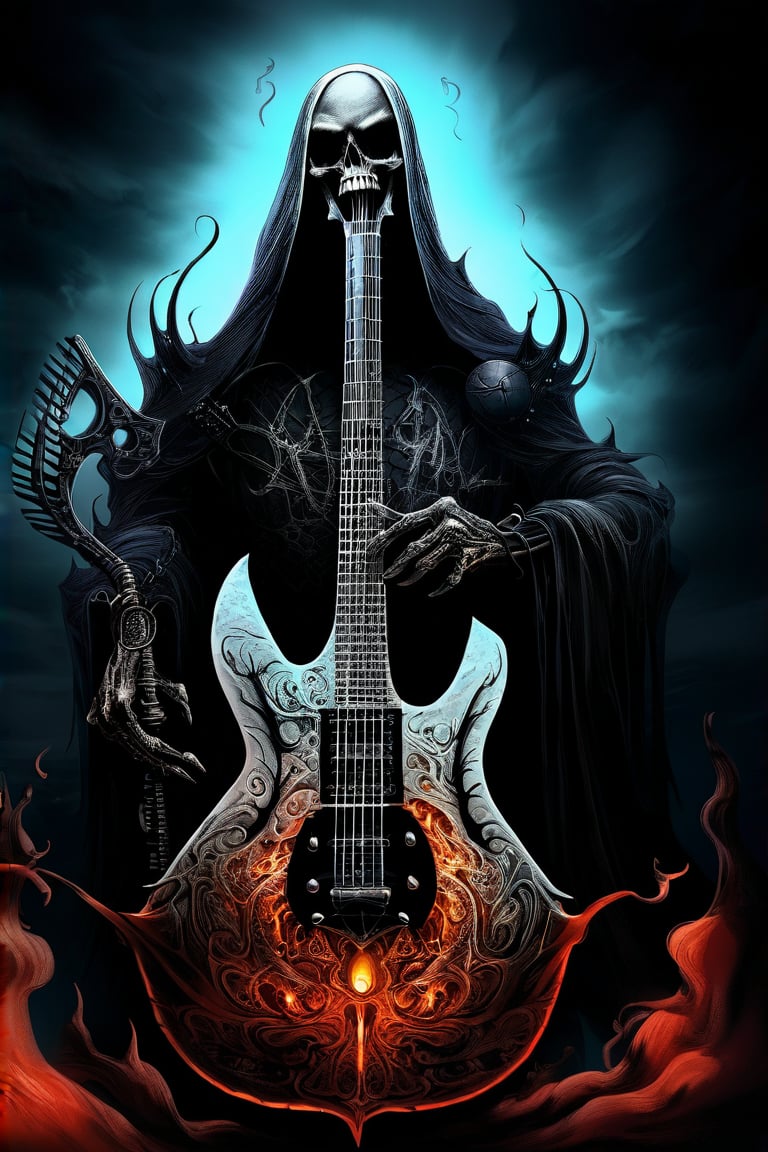 Create a captivating digital artwork featuring Death holding a scythe-shaped electric guitar. The scene should blend elements of dark fantasy and rock music, highlighting the menacing yet intriguing presence of Death. The guitar should have intricate details and a sharp, menacing design, merging seamlessly with the overall dark and mystical atmosphere