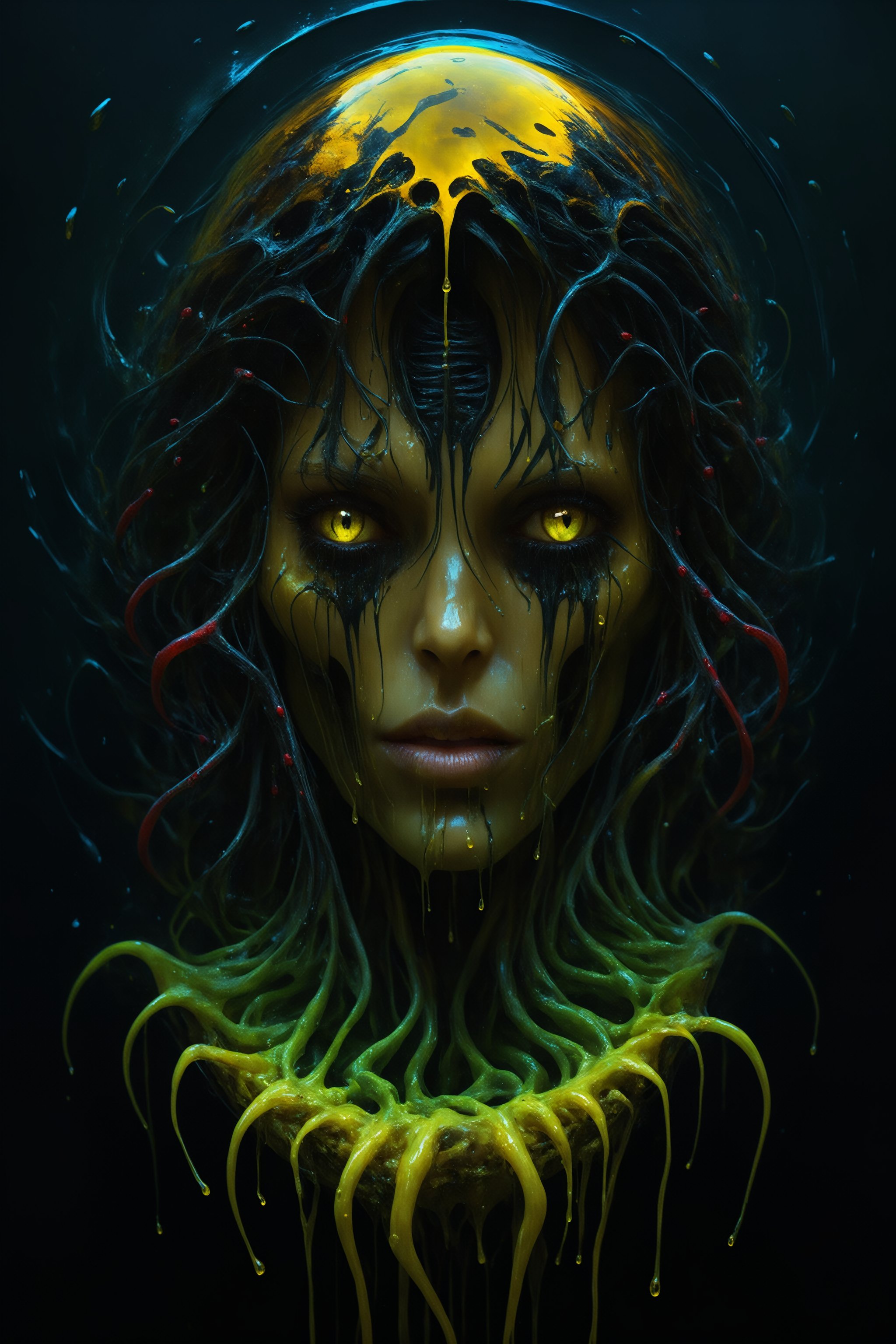 by (Shusei Nagaoka:1.2) and (Ian McQue:1.1), hyper realistic medium full shot photo of  a (monster lurking in the shadows:1.1),  (iridescent , yellow , masterful:1.4), poster art, bold lines, green slime skeleton with black and red insides, melting, humanoid, dripping, long wet tendril hair, large spherical glassy eyes, wet, hyper detailed, expressive,  award winning,  dark limited color palette, high contrast, depth of field, (intricate details, masterpiece, best quality:1.4),
night photography, looking at viewer, dynamic pose, wide angle panoramic view,
    in the style of nicola samori 
