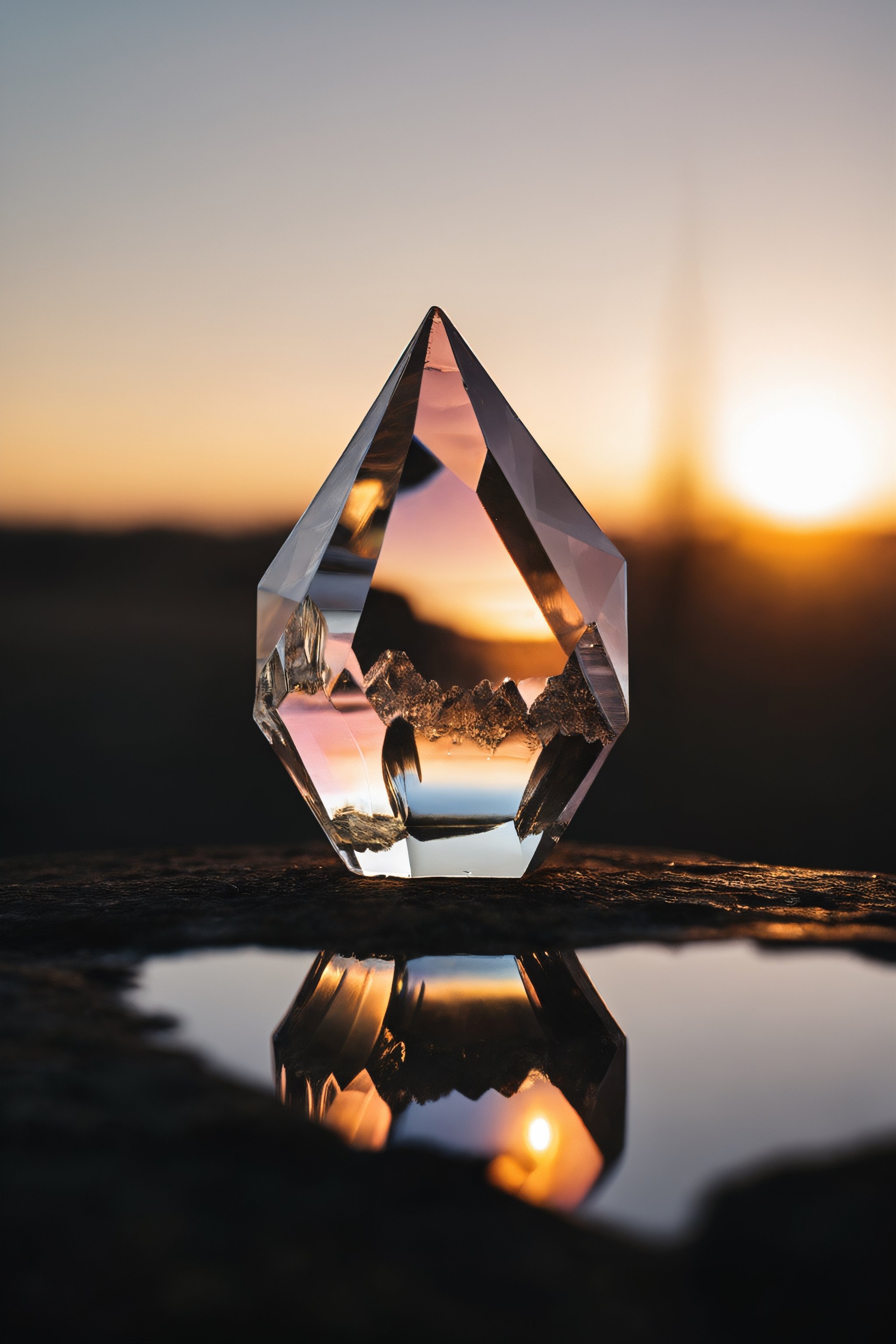 Photo. Closeup of morning dawning, reflected in a crystal in a brilliant display,
