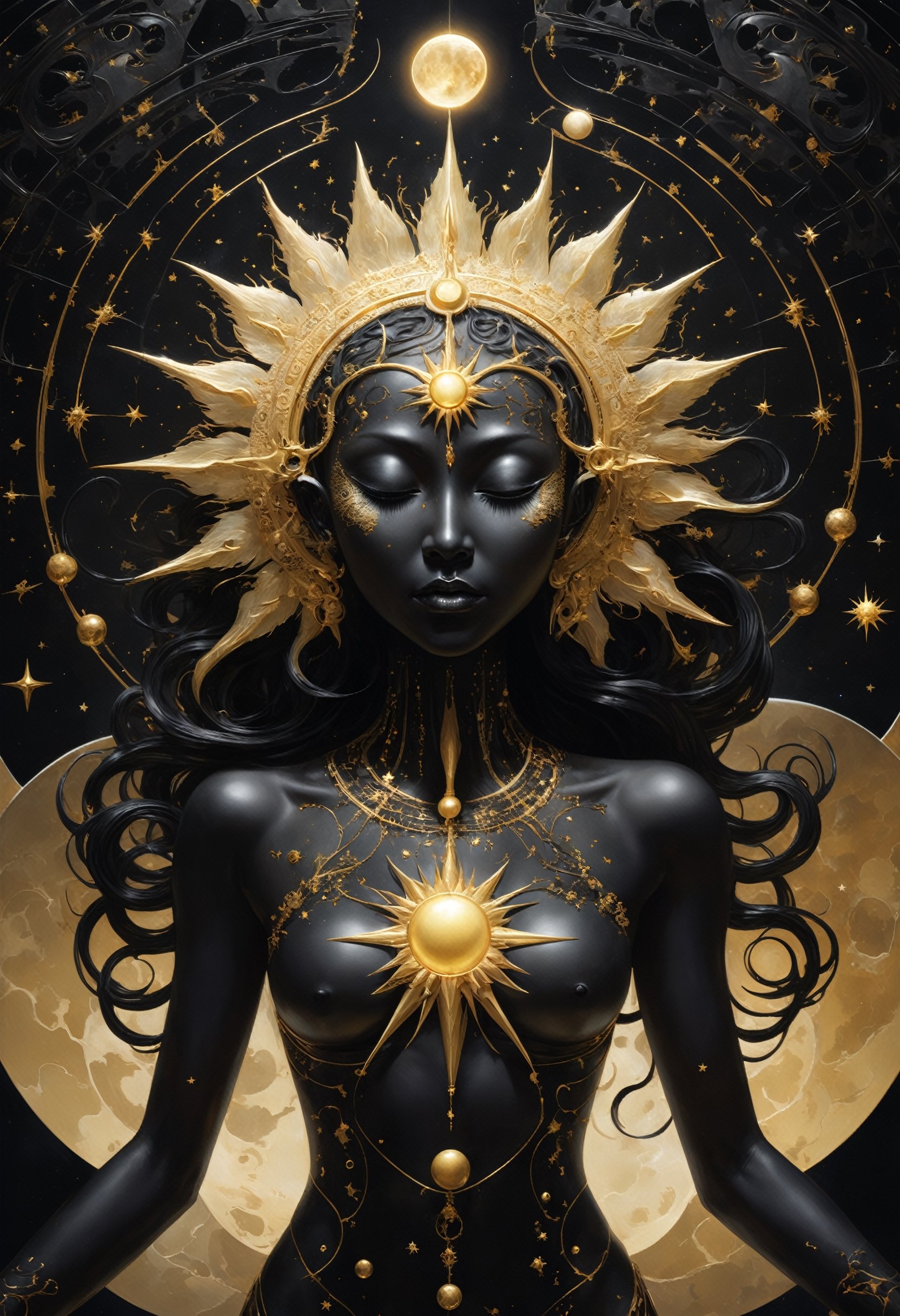 NSFW, art by Eleanor Vere Boyle and Andreas Untersberger, hantu ulat sutera
adaptive and halcyon atmosphere with dispersion, refined details, sun, moon, star,
(gold and ivory dark black colors:0.1),  (center composition, symmetry:0.1), style by nty
