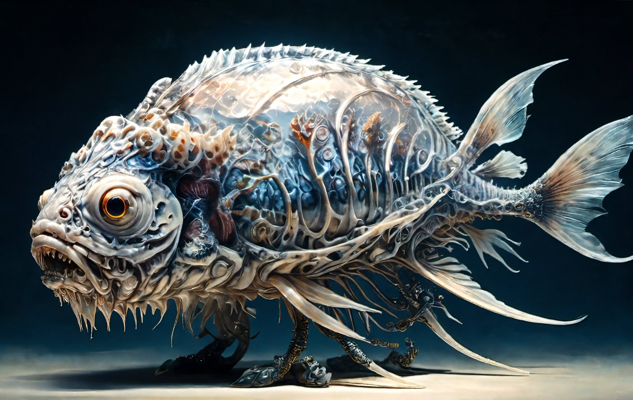 a masterpiece artwork  of a deep-sea fish with a huge bulging brain,  projecting powerful  X-rays,  long semi-transparent (fins:1.1), psionic powers, highly detailed,   intricate carved alabaster nygroth 

