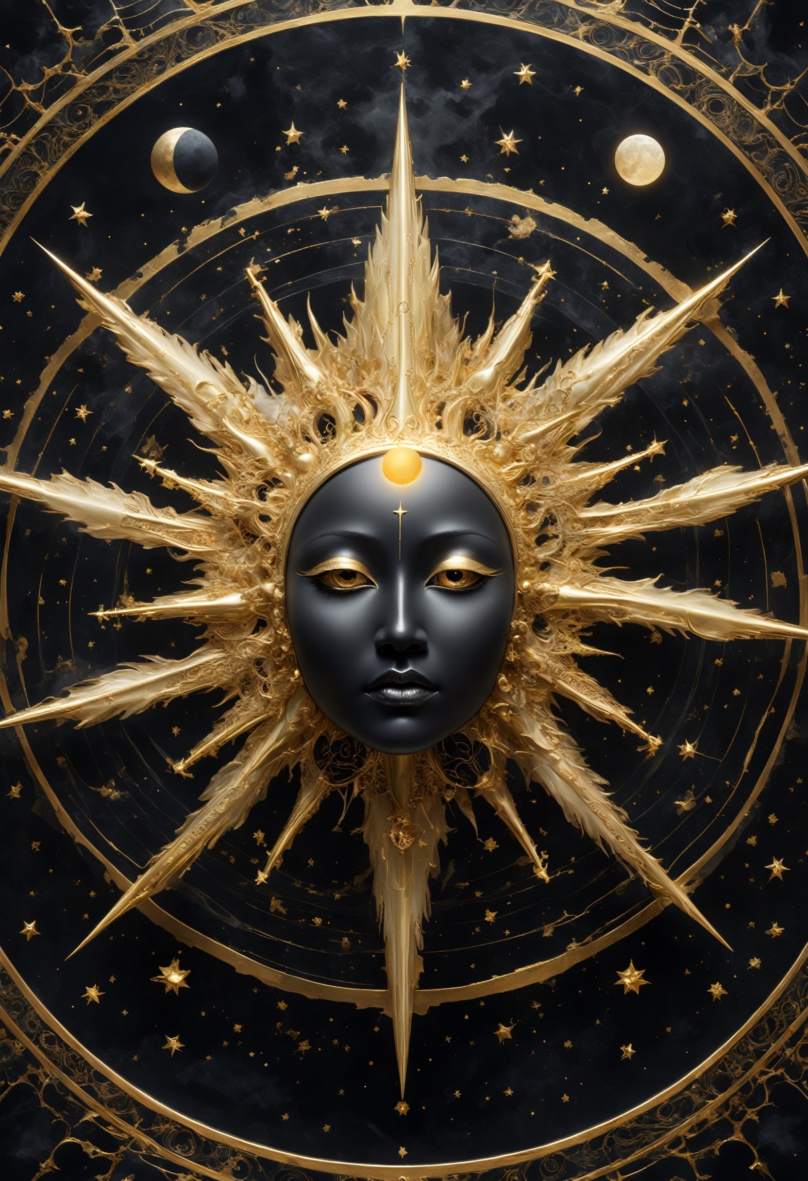 NSFW, art by Eleanor Vere Boyle and Andreas Untersberger, hantu ulat sutera
adaptive and halcyon atmosphere with dispersion, refined details, sun, moon, star,
(gold and ivory dark black colors:0.1),  (center composition, symmetry:0.1), style by nty
