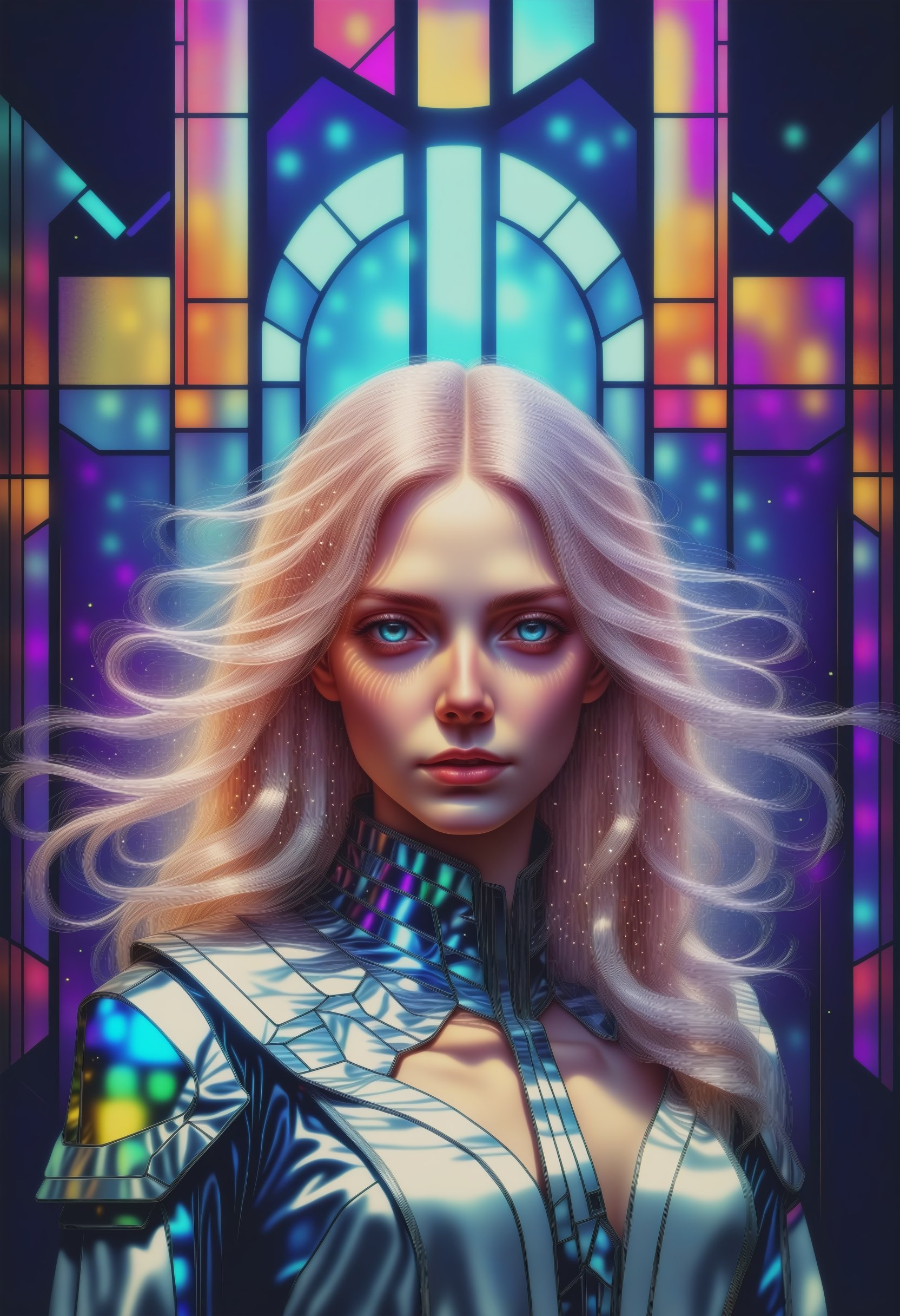 medium shot, DonMM1y4XL midage woman, alternate dimensions, stained glass window, conceptual art, sci-fi, chaotic, gpu particle systems, unity engine, cyberpunk, gum bichromate printing, vector art,   artistic triumph, ultra-high resolution, newfangled, syntax # f/11, shutter speed 1/60 sec, iso800, white balance shade, exposure compensation    "-0.5 ev", shutter priority shooting mode, leading lines, focus mode manual, partial metering"  
,DonMM1y4XL,<lora:659095807385103906:1.0>,<lora:659095807385103906:1.0>