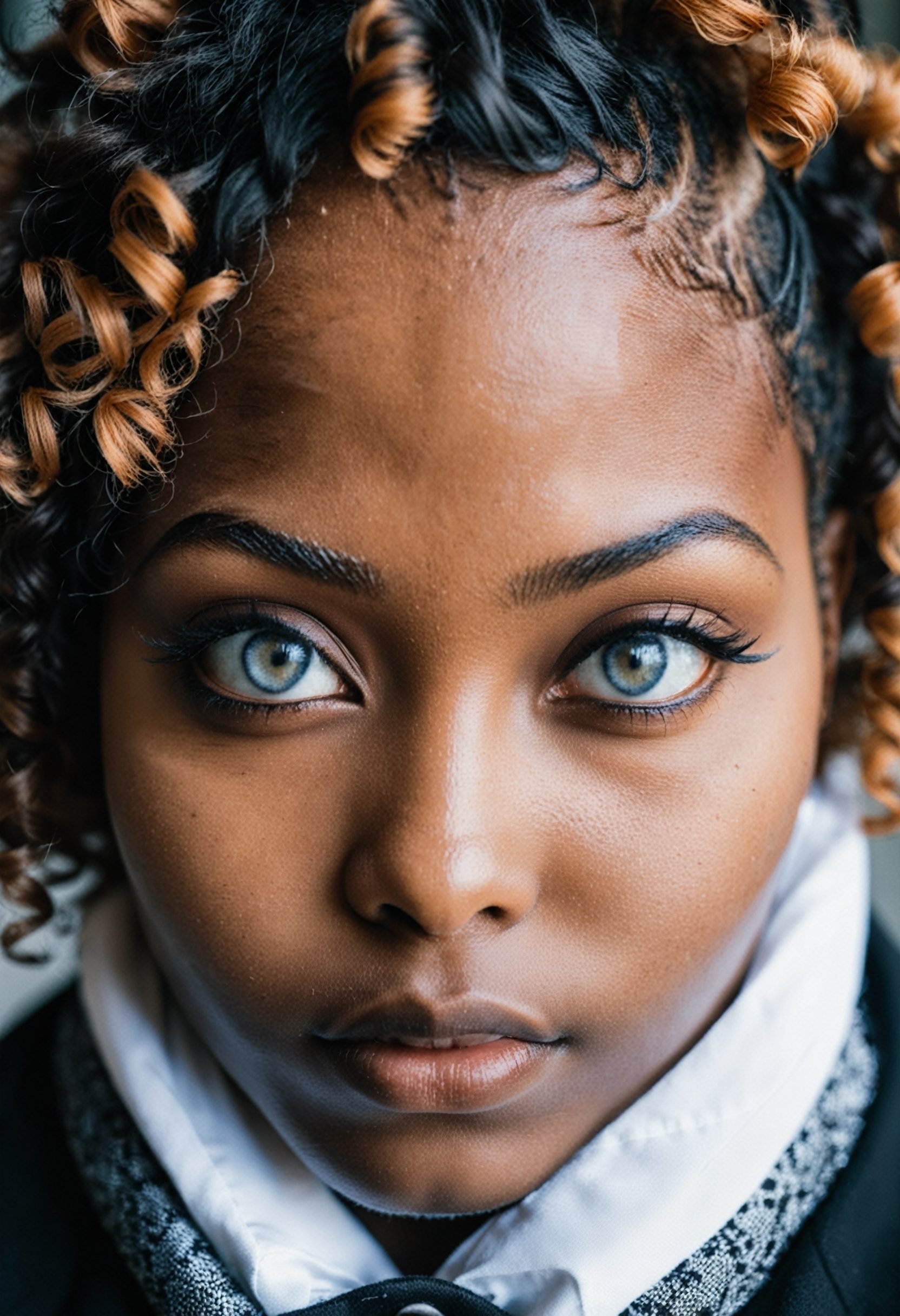 photograph, (designed by Mark Seliger:0.7) , portrait, close up of a thicc Parisien Fatuma, she has a Anime Eyes, shallow depth of field, Ilford XP2 400, Depth of field 100mm, close-up, anime key visual, photo
