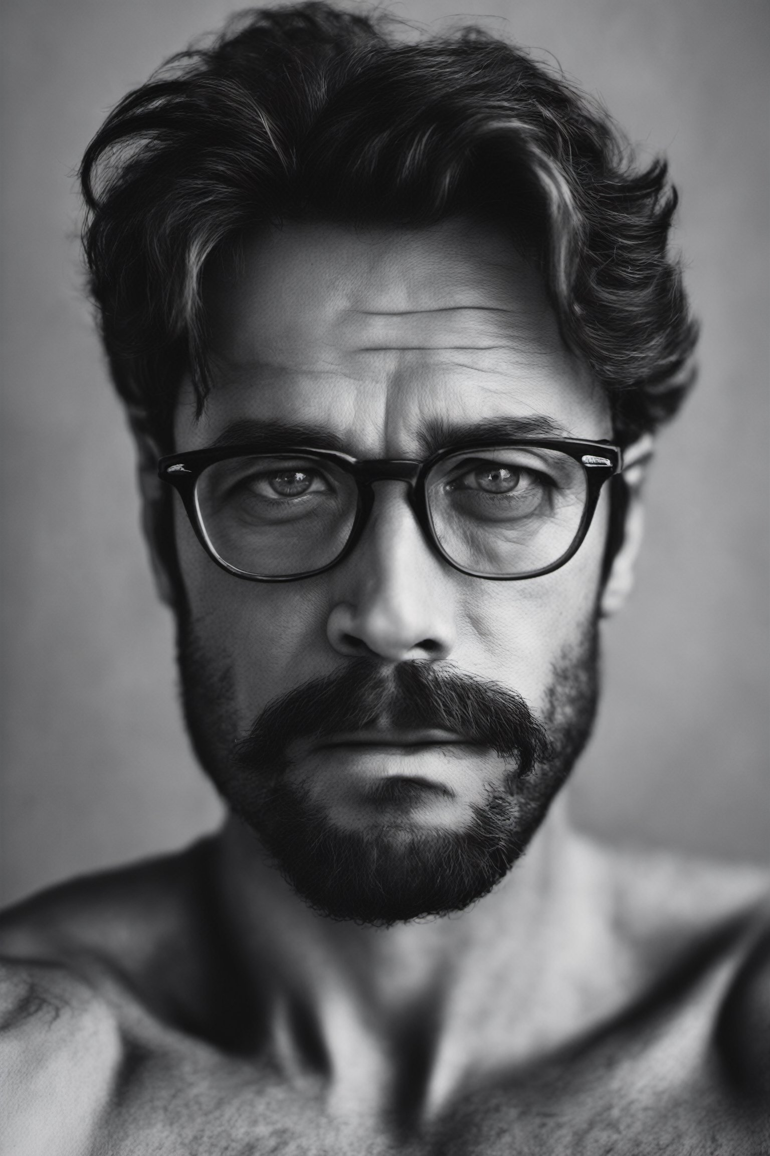 The subject in the image is a man with a beard and glasses, appearing to be looking directly at the camera. He is wearing a pair of glasses, which are placed on top of his head, and has a beard that is a few days old, giving him a slightly rugged look. He has a prominent nose, which adds to his facial features. The man is shirtless, showing off his upper body, and his overall appearance is that of a middle-aged individual. The image is in black and white, which lends a classic and timeless feel to the scene. The man's gaze is intense, as if he's staring right through the lens, making the photograph feel captivating and engaging.