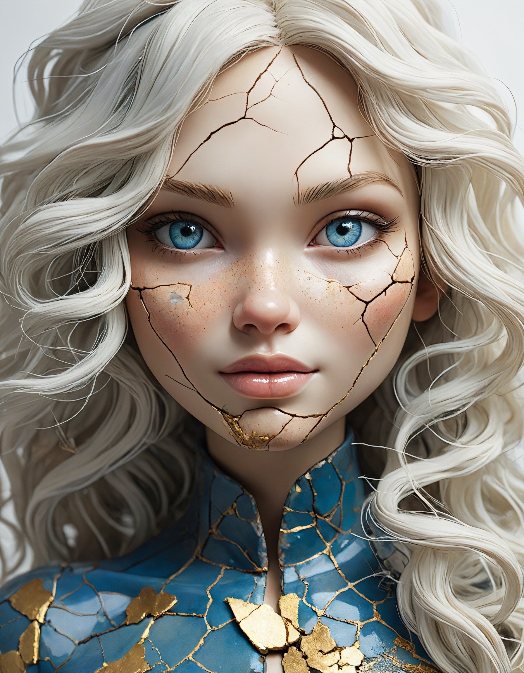 surrealist art a beautiful female doll with porcelain kintsugi skin, cracked skin, shattered porcelain skin, deep fine cracks, kintsugi, perfect clear realistic grey-blue eyes, soft focus, close-up, uncanny, long white natural hair, stunning perfect shining eyes, shy smile, serene curiosity, smiling eyes, amazing depth, expansive details, against a dark gradient background, style of Agnes Cecile and Anna Dittmann, dreamlike, mysterious, provocative, symbolic, intricate, detailed,
