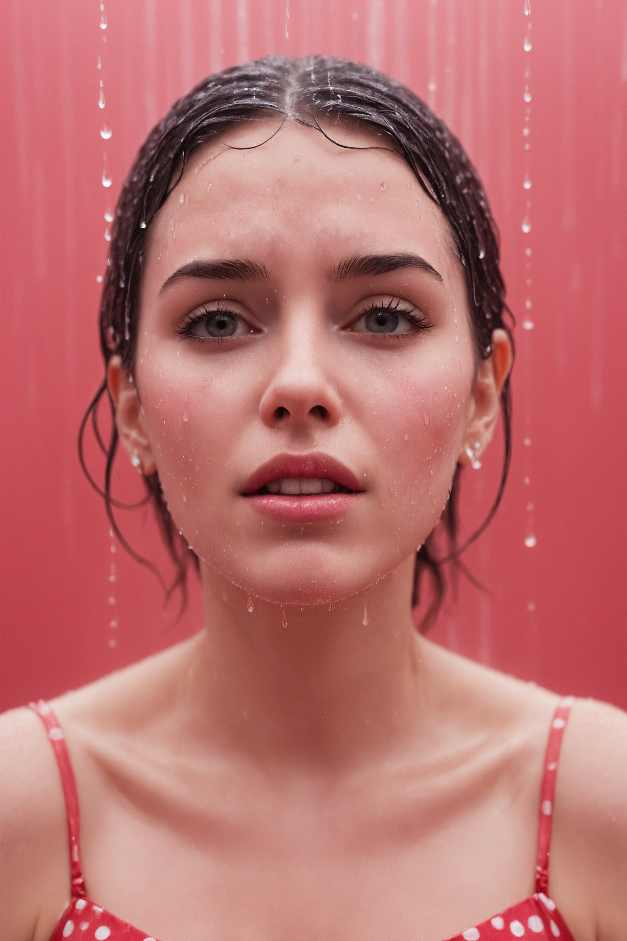 The image features a woman with a pink background, her face is covered in water droplets, giving the impression that she is under a red shower. The woman is looking into the distance, and her image is slightly blurred, adding a sense of depth and emotion to the scene. She is wearing a polka dot dress, which adds a playful and stylish touch to the image. The combination of the pink background, water droplets, and the woman's expression creates a visually striking and captivating scene.