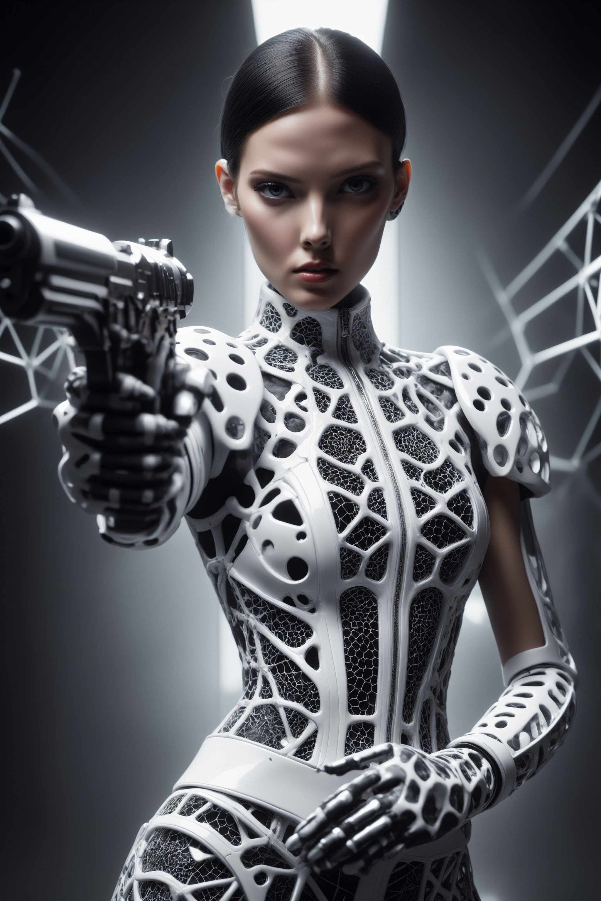 An elegant female super model at London Fashion Week, wearing a costume designed by Thom Browne with design elements including 3D generative Voronoi artwork created by artificial intelligence black-white textile materials polarized.toplight lighting photographed with Sony A7 IV
,cyberpunk style,cyborg style,monster,neon photography style,darkart,dual pistols