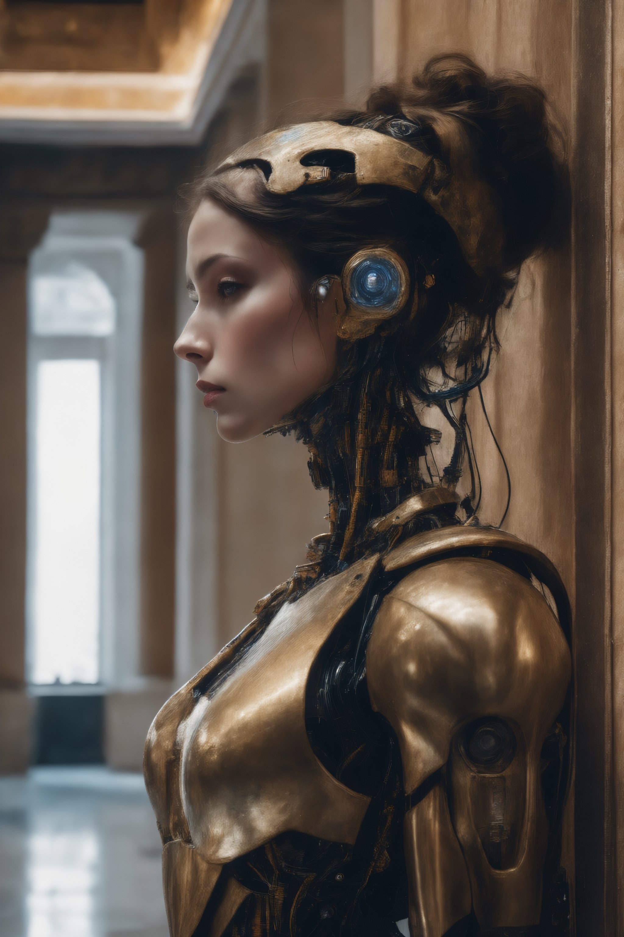 cinematic film still, close up, a robot woman stands tall, half-human half machine, amongst an ancient Greek gallery of paintings and marble, religious symbolism, quantum wavetracing, high fashion editorial, glsl shaders, semiconductors and electronic computer hardware, amazing quality, wallpaper, analog film grain, perfect face skin 
