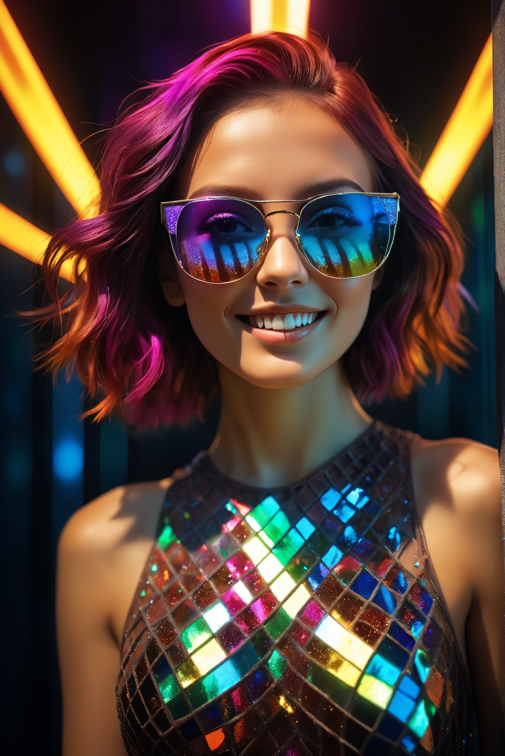 RAW Photography,cloae-up cute smiling young woman in led square glasses and glitter glow dress, laser rays, disco style, High fade hair,colored transparent glass, stained glass,unreal fashion,(specular reflection, mirrored, extremely intricate, ray tracing:1.4), vivid colors,high quality textures of materials, volumetric textures, coating textures, fabric textures, metal textures, stone textures, natural textures,high detail, high sharpness, high clarity,photography, detailed photography,photoshadow,  intricate details, 8k, masterpiece, dynamic play of light, deep darks, rich emotive colors, 35mm photograph, film grain, kodachrome, award winning photography, perfect composition, epic shot, perfectly quality, vibrant and colorful
