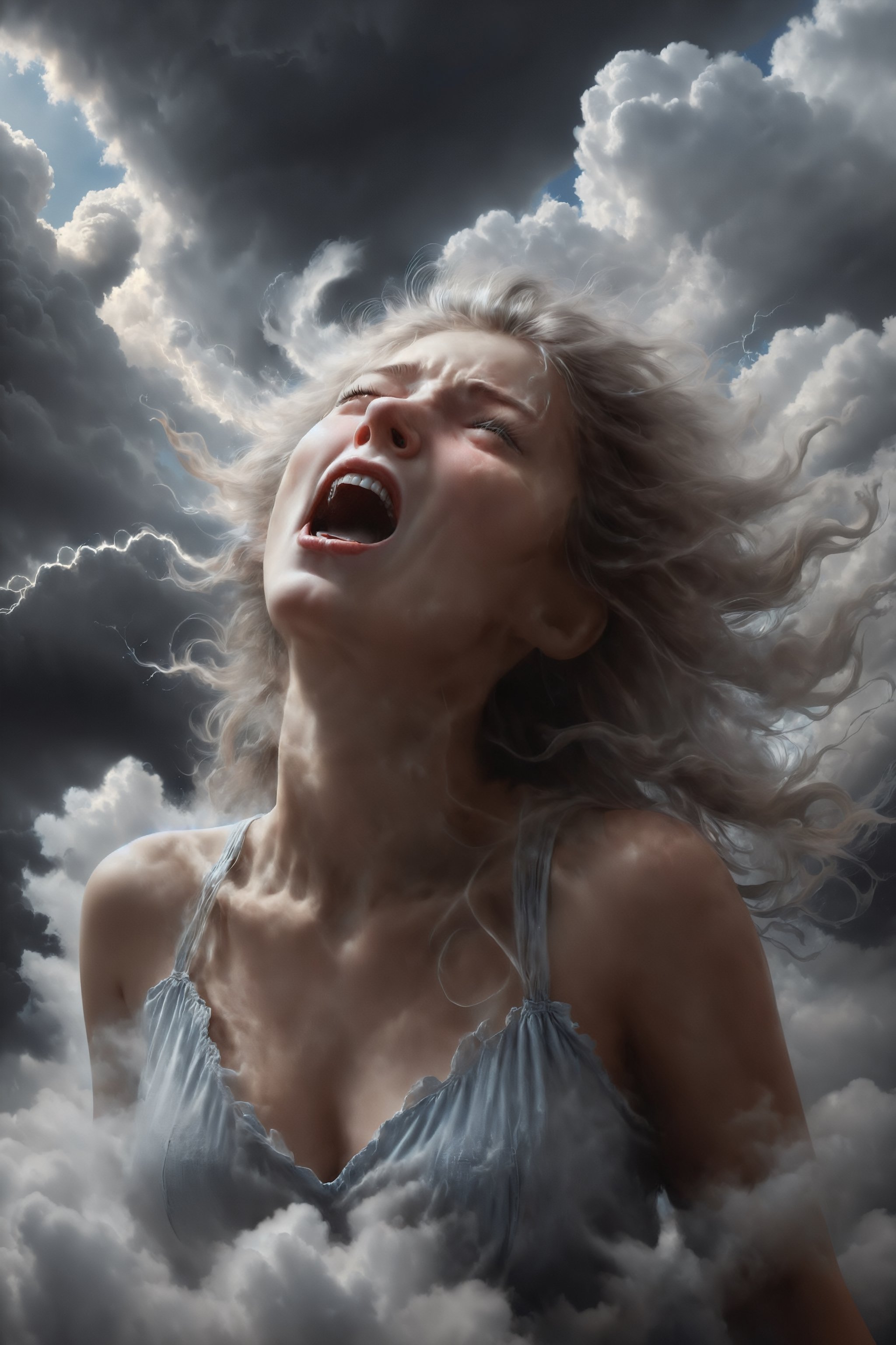 screaming cloud girl, verry realistic, uhd, 8k, amazing lighting, high detail, masterpiece, dark
