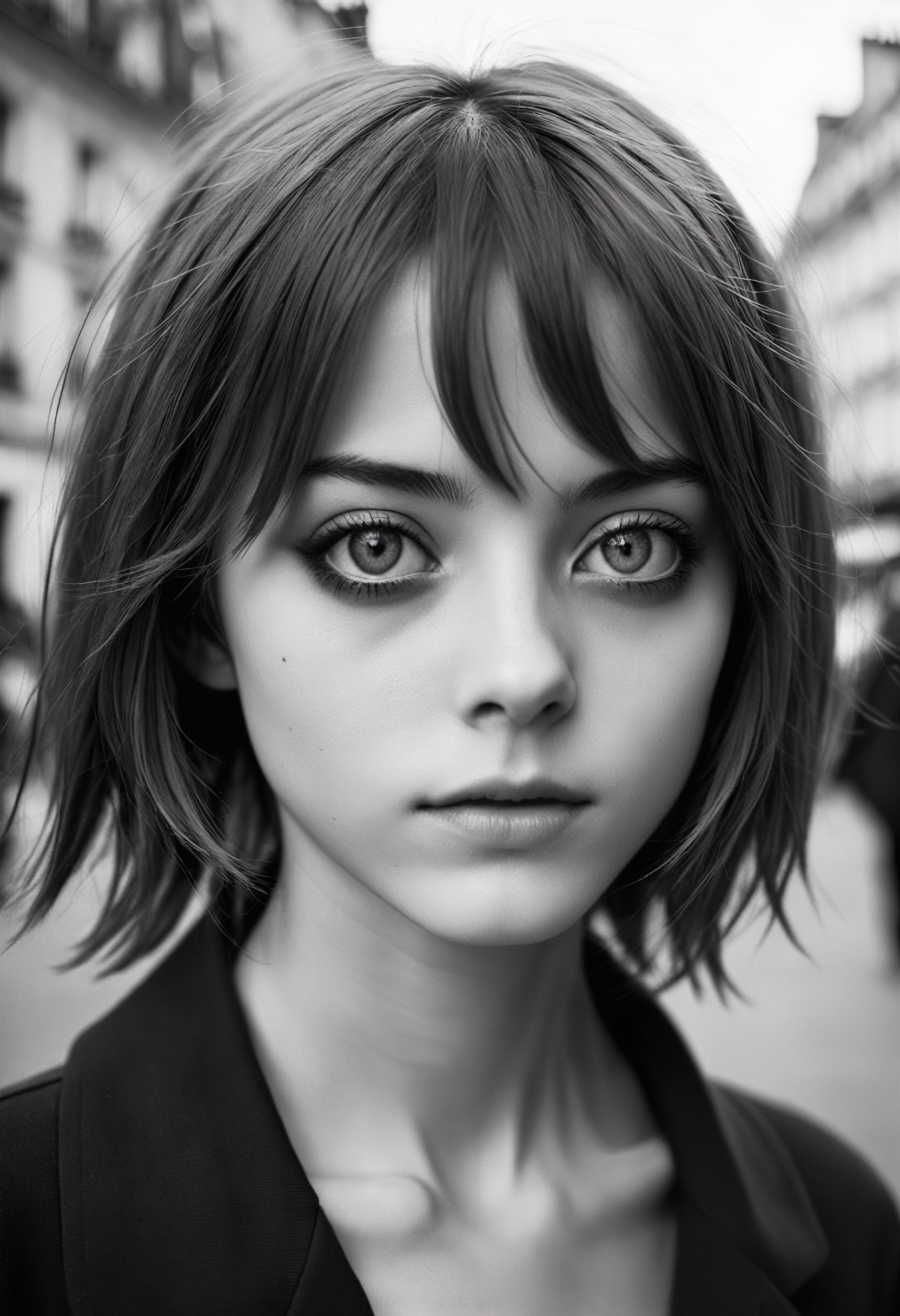 photography, (designed by Mark Seliger:0.7) , portrait, close-up of a slim Parisian girl, she has anime eyes, shallow depth of field, Ilford XP2 400, depth of field 100mm, close-up, key visual anime, photo