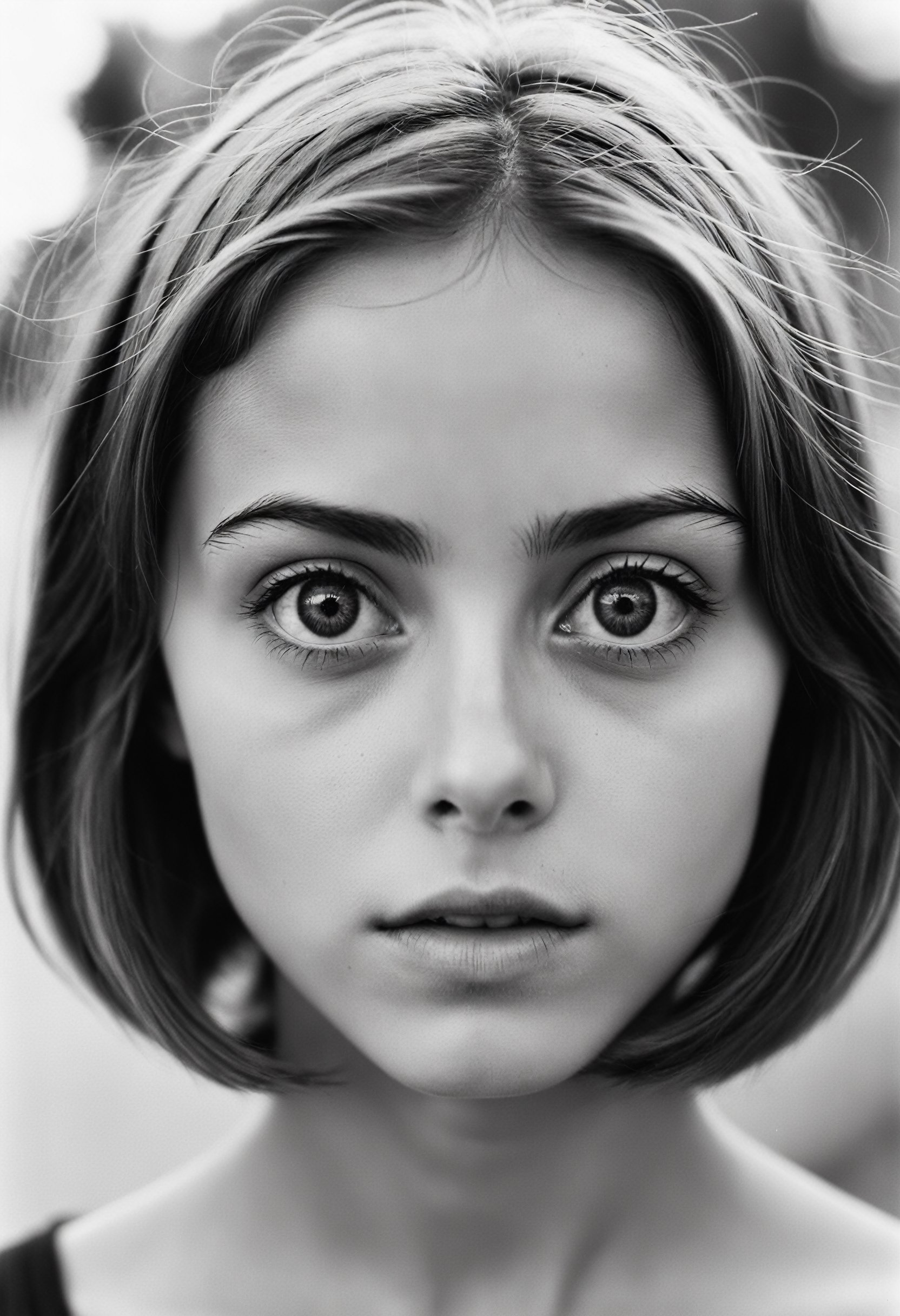 photograph, (designed by Mark Seliger:0.7) , portrait, close-up of a slim girl from Madrid, she has big eyes, shallow depth of field, Ilford XP2 400, depth of field 100mm, close-up, photo