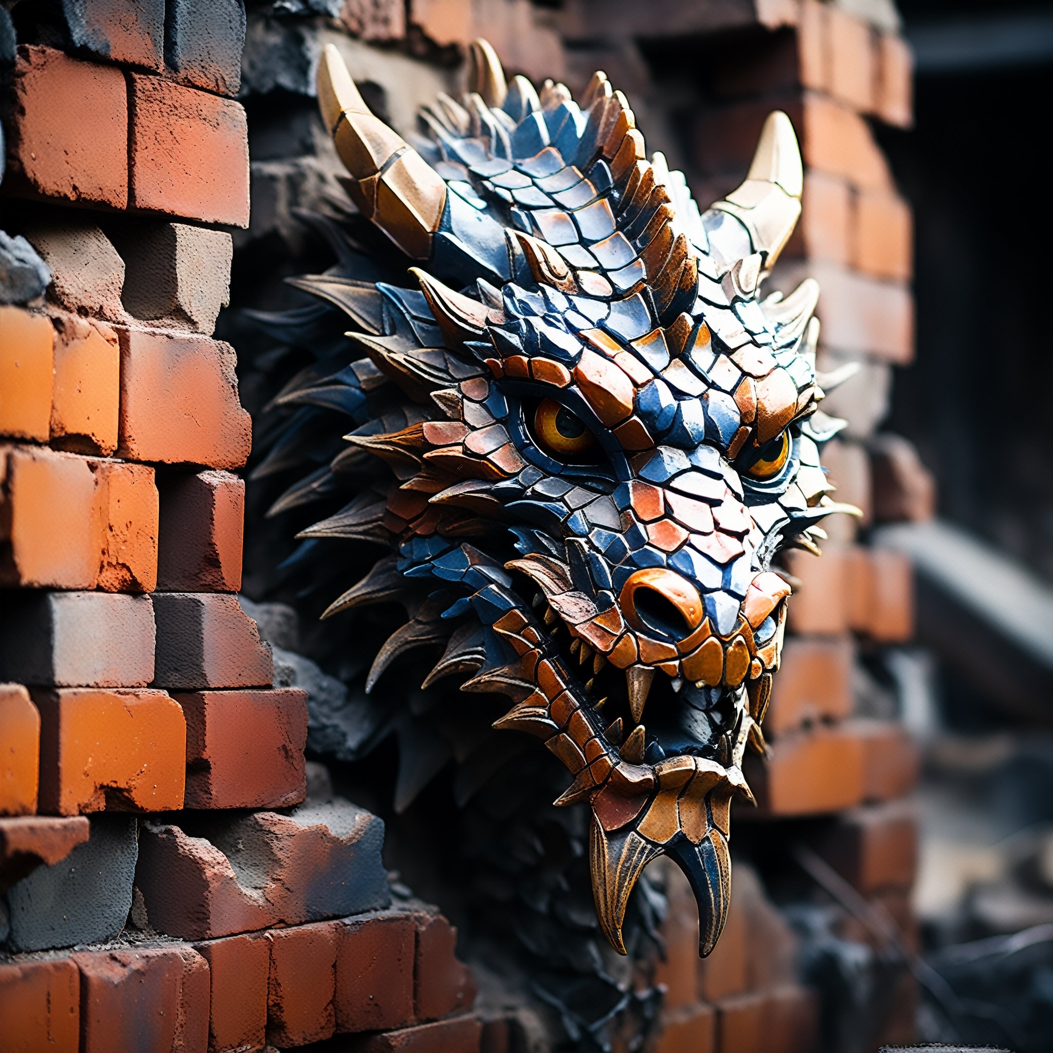 Image of a classical sculpture of a cracked dragon face, eyes serene and closed, emerging from a cracked and peeling wall. The face has a network of cracks, as if it were made of porcelain or brittle plaster. The sculpture seems to detach itself from the surrounding brick wall, which has a rough, tactile texture. The colour palette should be muted, with brick tones for the wall and a pale tone for the face, highlighted by black lips., aurorapunk, a moody sunset influencing the sun, a fantastic view, a detailed and complex view. and a quality background. Vintage film grain, tetradic colours, rust style, vantablack aura, golden ratio, rule of thirds, cinematic lighting Darkness and magical realism. Deep zoom complementary Memphis style poisonous colours, deep zoom abstract bokeh background, ,DissolveSdxl0,fragments, earth element