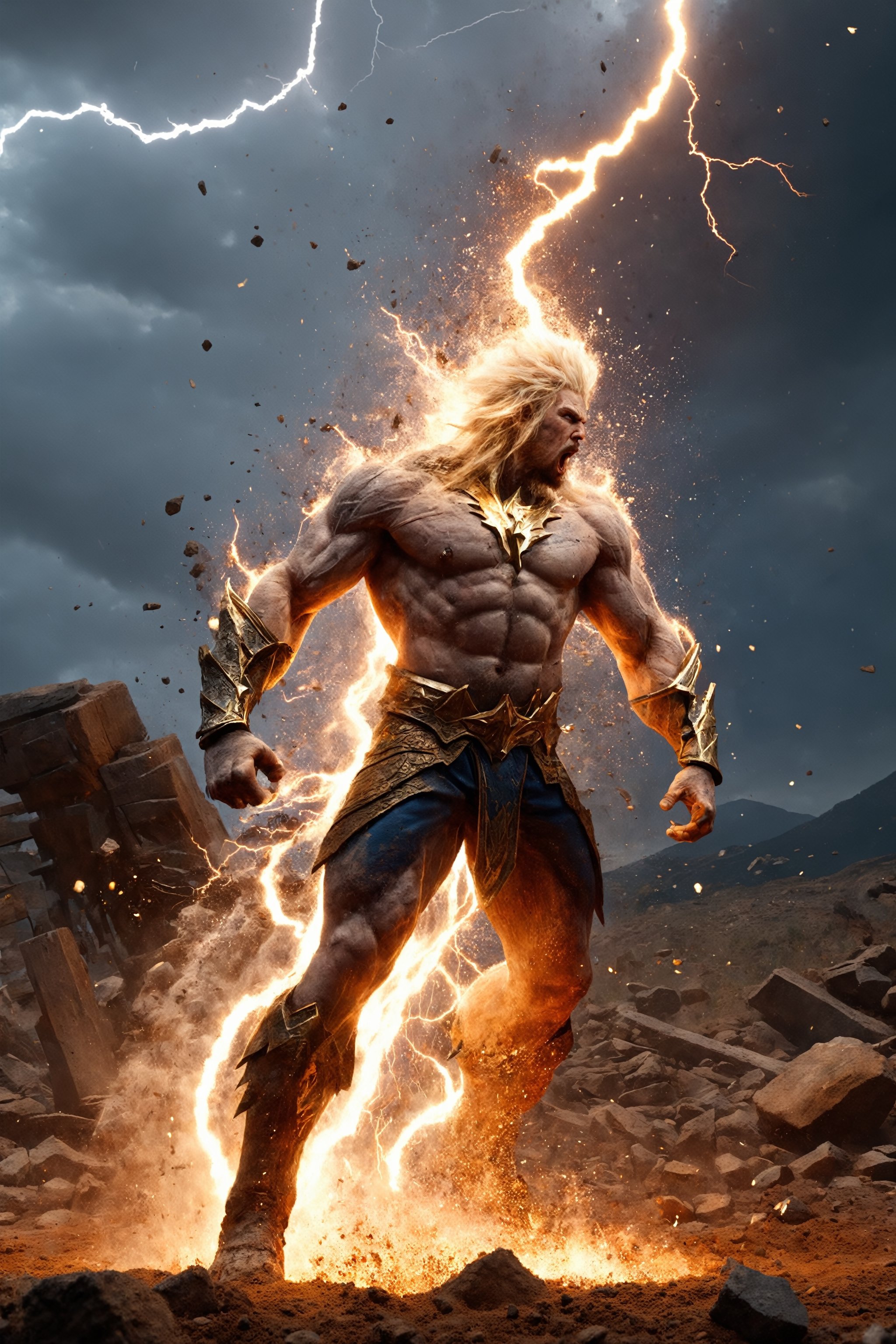 NSFW, (masterpiece, best quality, ultra-detailed:1.2), lightning god hit down a hammer to ground, fantasy,  high detailed, 8k
,action shot,shards,BrokenIR, soil element